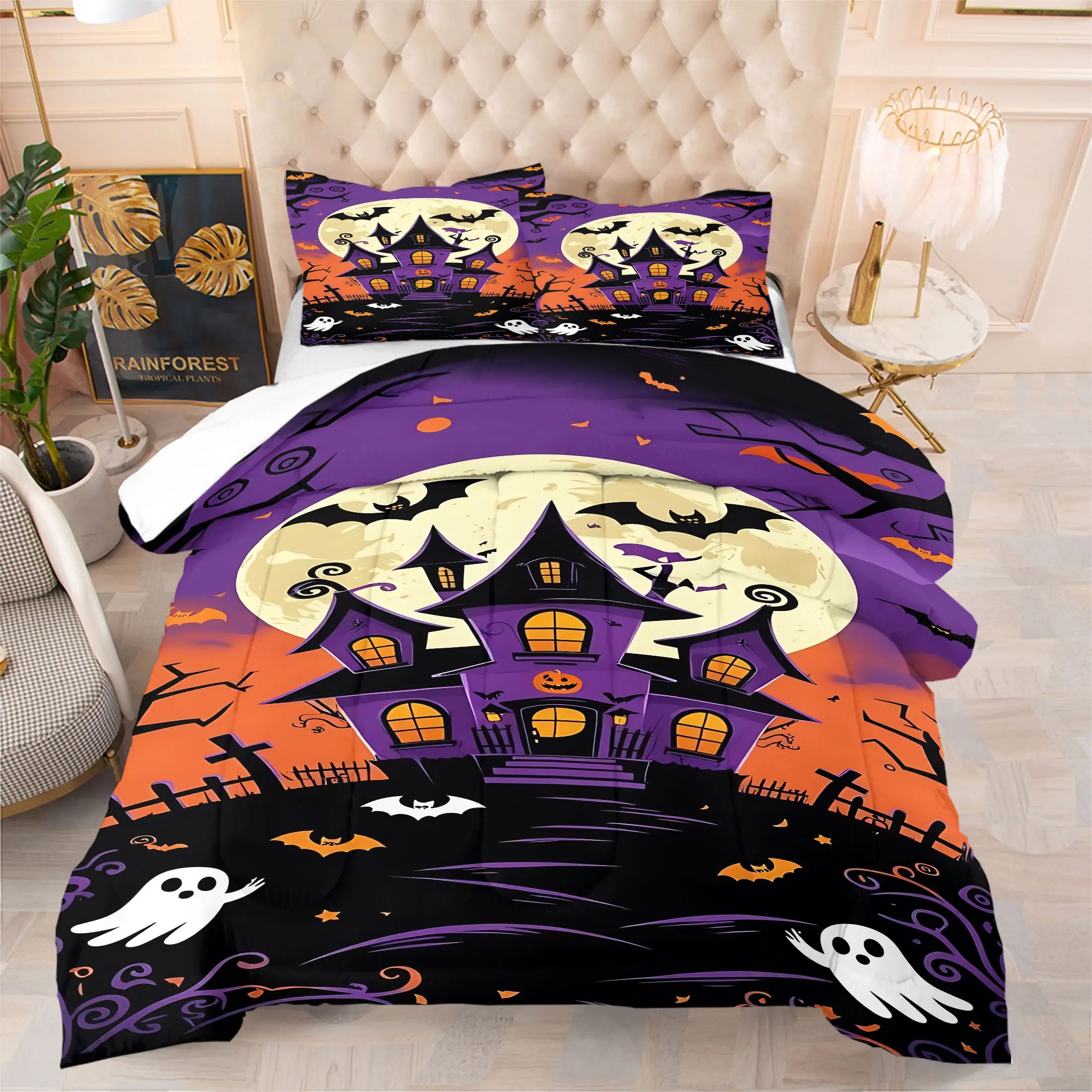 Halloween Haunted House Comforter Set, Includes 1 Quilt & 1-2 Pillowcase, Spooky Ghost Bat Bedding Set, Soft Microfiber Bed Set for Teen Bedroom Dorm Holiday Decor, No Pillow Insert