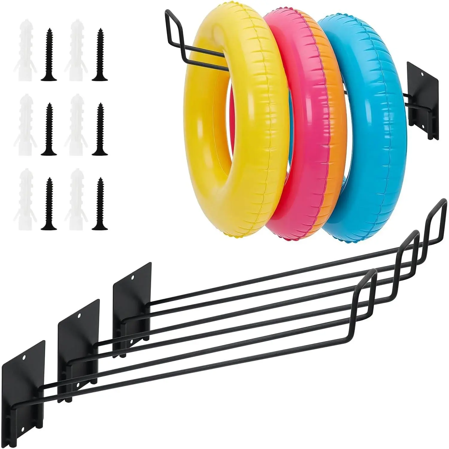 3 Pcs Pool Float Storage Holder, 16.5 Inch Wall Mount Pool Float Organizer Storage Rack with Hangers for Swimming Ring, Towel, Tools & More Storage Indoor Outdoor Space-Saving (Oblique angle)