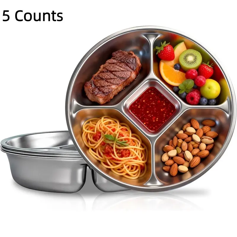 5 Compartments Stainless Steel Kids Plates Set of 5 | 8.8'' Round Metal Toddler Plates with Dividers, Reusable Divided Plates for Adults, Non Toxic, Unbreakable, Dishwasher Safe