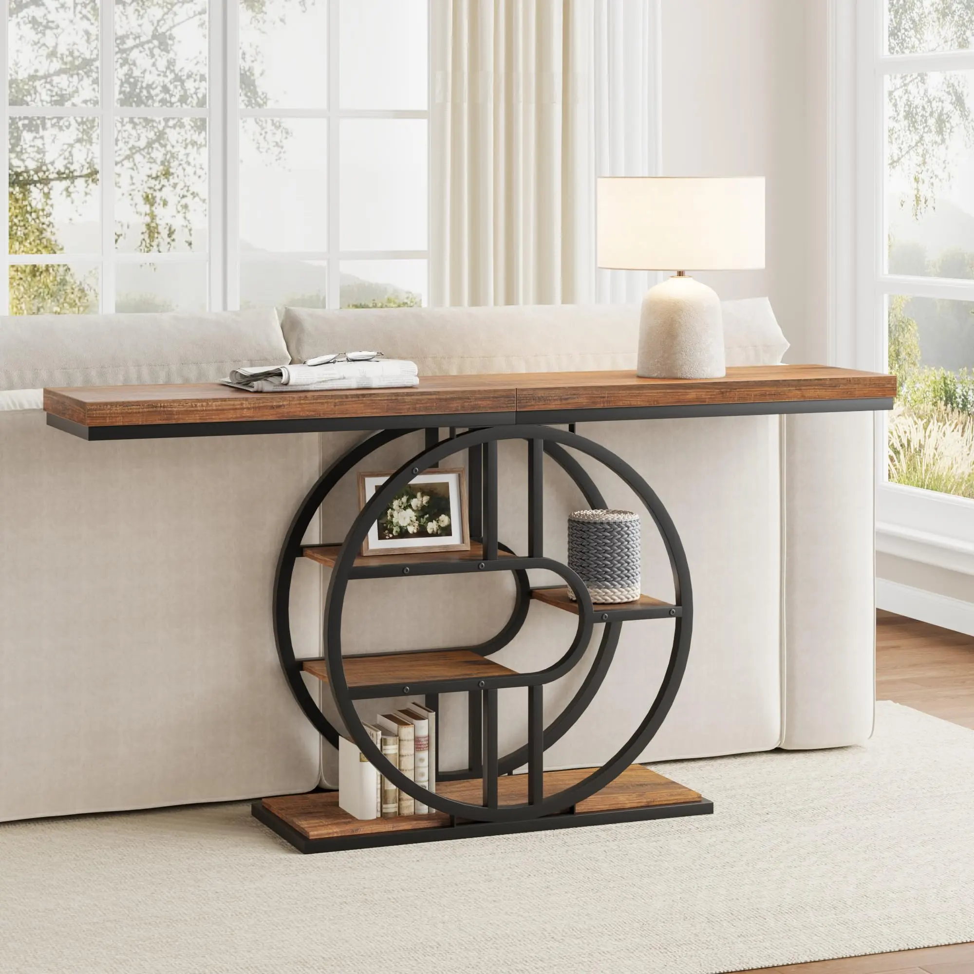 🔄 55.1" Industrial Circular Console Table – 3-Tier Storage, 1.5" Thick Top, 270 LBS Capacity. Sturdy Metal Frame for Entryway, Living Room & Hallway! 🏠✨