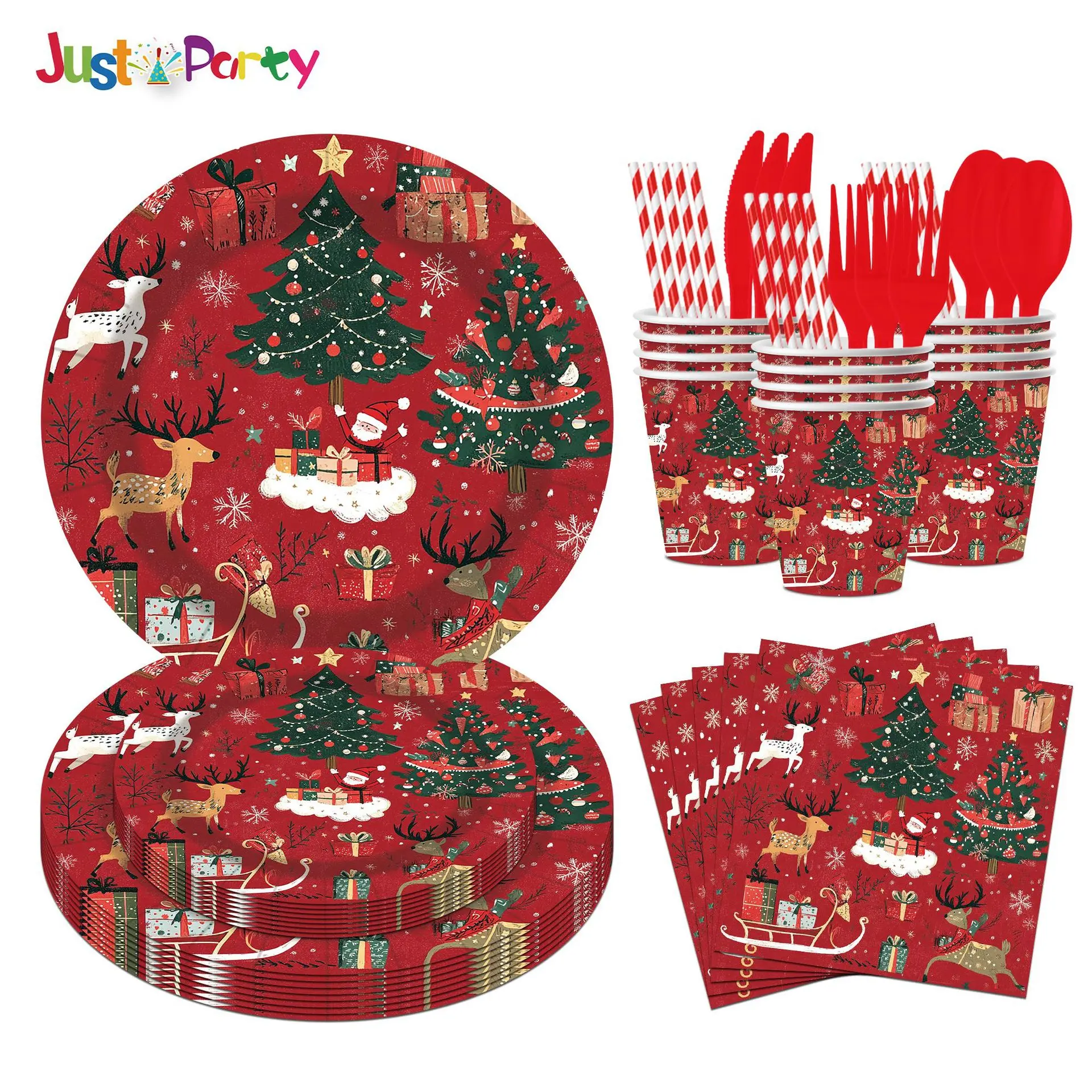 80/160pcs Christmas Reindeer Theme Party Supplies, Disposable Paper Plates Napkins Cups Straws Set, Holiday Kitchen Essentials