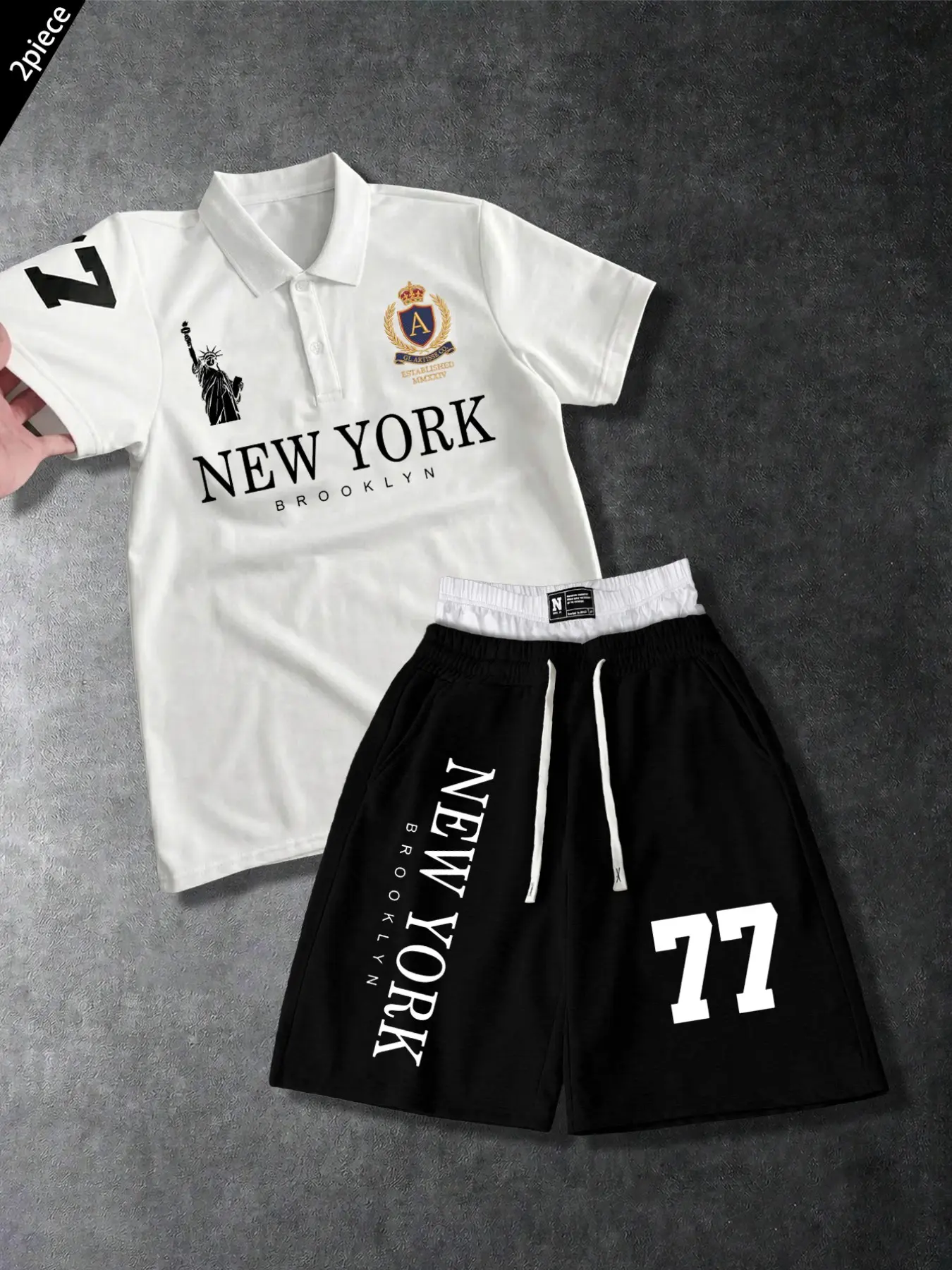 Men's Two-Piece Set, American High Street New York Print Short Sleeve Polo Shirt, Brooklyn Rider Badge Collar T-Shirt, Streetwear Y2K Style