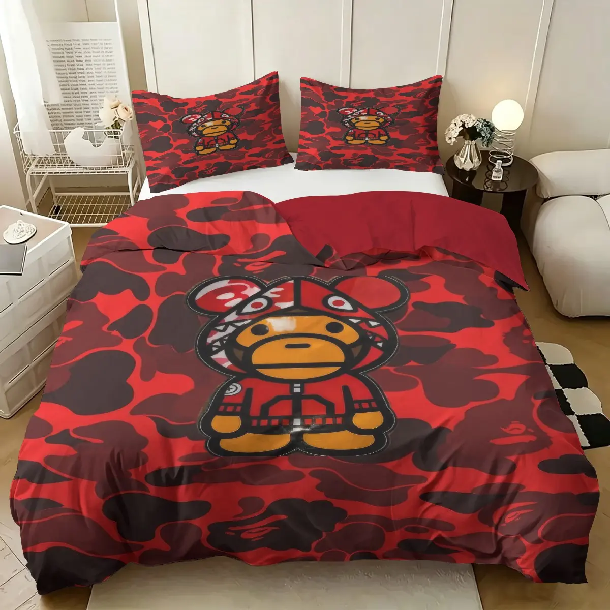 Red Camo Cartoon Monkey Pattern Duvet Cover Set, 2/3Pcs Street Trendy Digital Print Bedding Set, Fashion Youth Bedroom Bed Decor, Machine Washable. 1 or 2 Pillowcase, No Filling