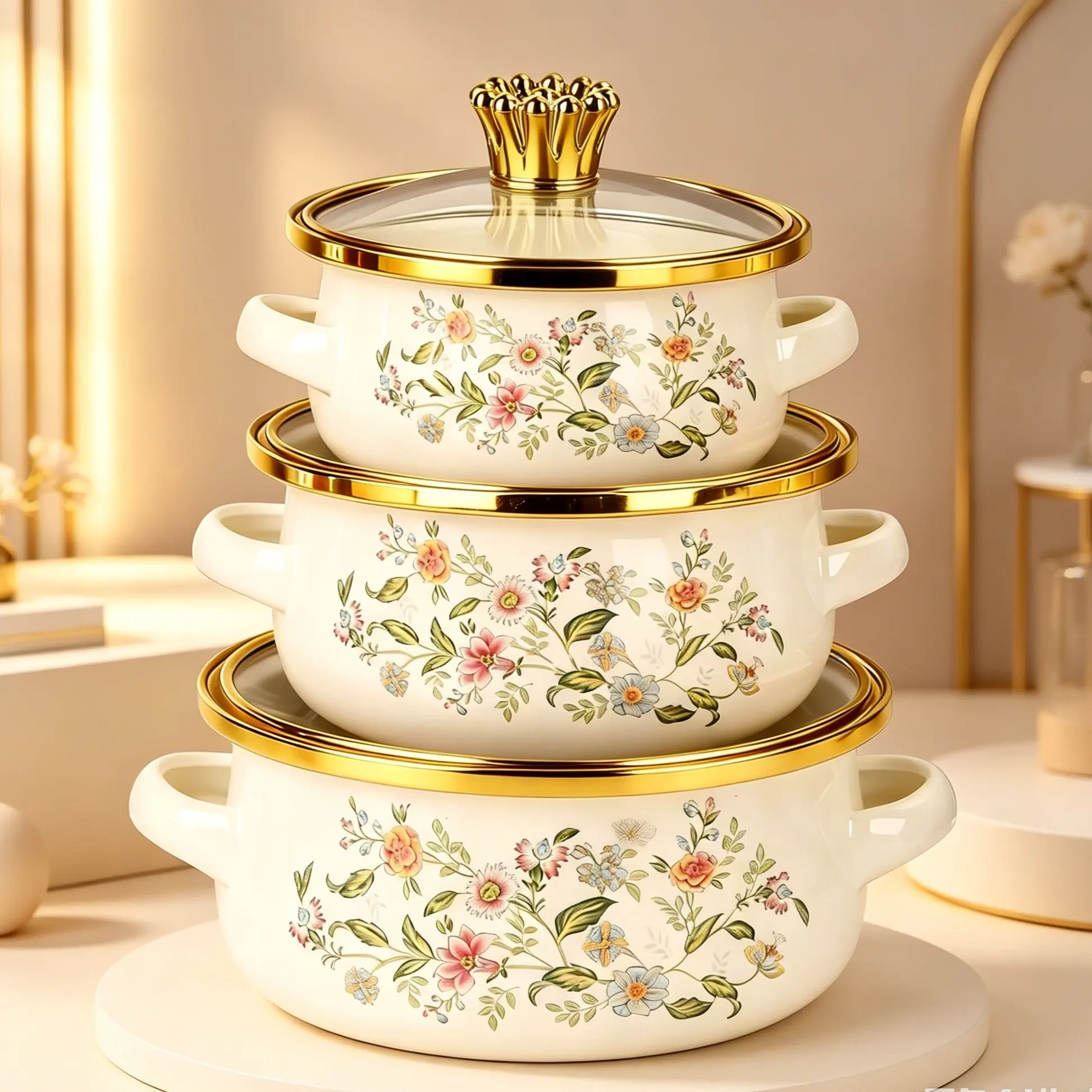 Enamelware 3-Piece Pot Set, Traditional Craftsmanship Soup Pots, Durable Enamel Cookware, Ideal for Home Cooking & Serving, Kitchen Pots