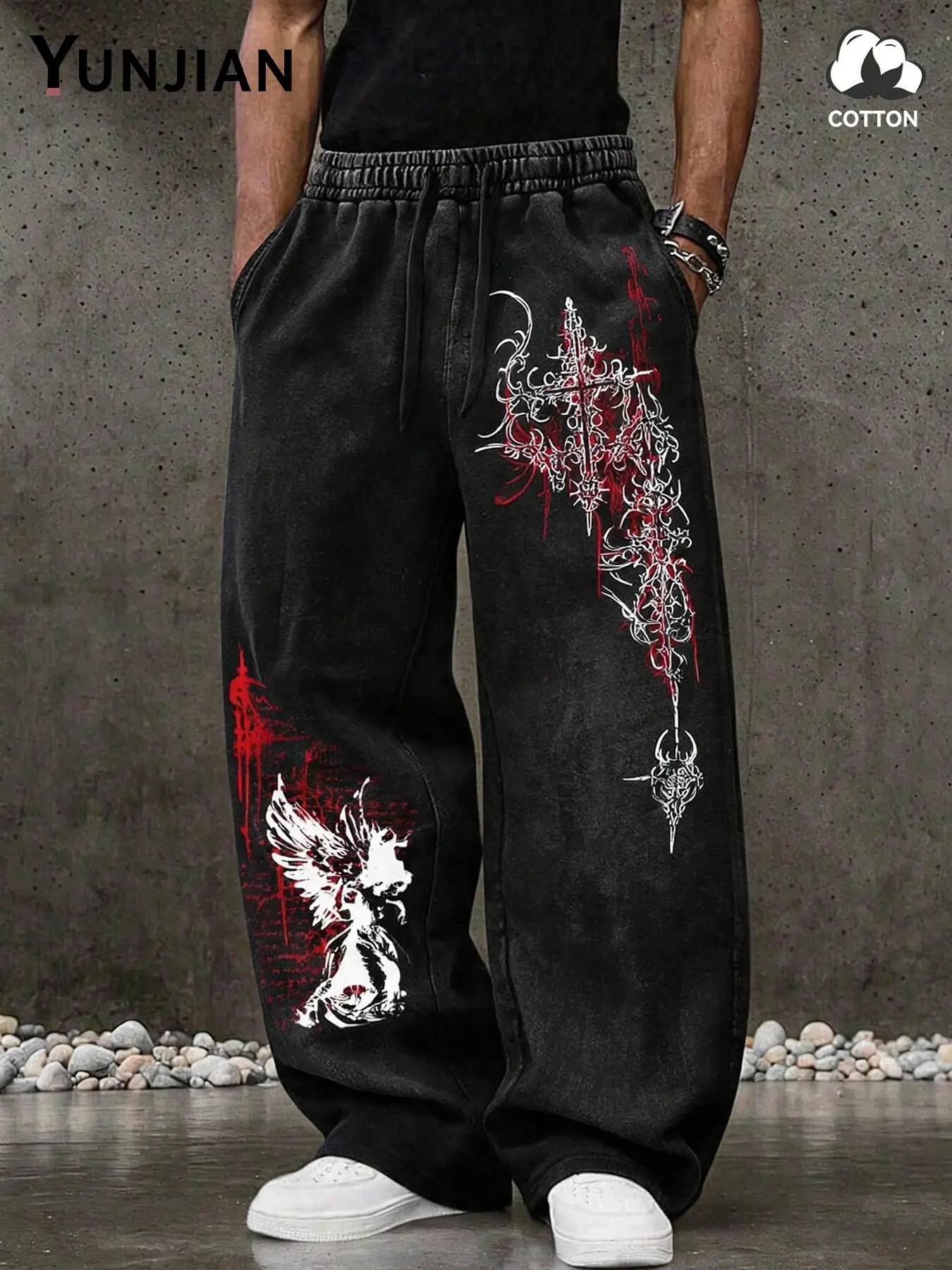 Men's Wide-Leg Sweatpants, Gothic Cross Angel Print, Drawstring Waist, Loose Fit, Casual Streetwear, Fall Daily Commute Pants