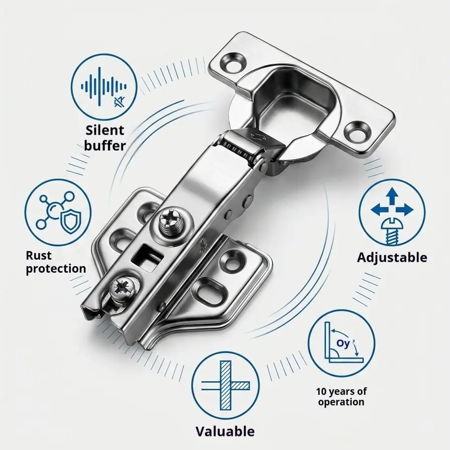 Stainless Steel Kitchen Cabinet Hinges, Standard Door Hinges, Wardrobe Accessories, Includes Screws, Durable and Reliable