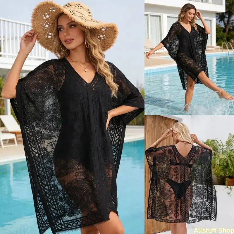 Summer V-neck patterned cover-up, fashionable, breathable, versatile, transparent, loose lace, sexy cover-up, beach dress, bikini sun protection shirt