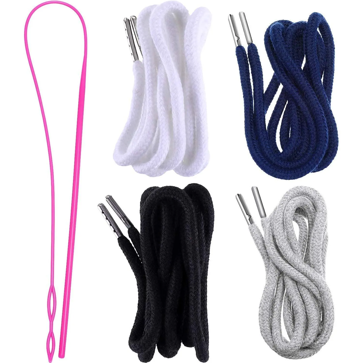 Corded Round Braided Drawstring Cord Set with Pre-Tipped Aglets and Easy Threader - Replacement for Sweatpants, Shorts, Coats (Black, White, Grey, Navy Blue)