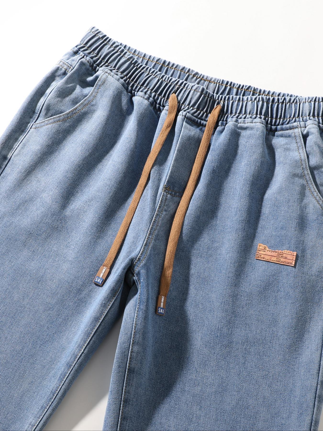 Men's drawstring elastic waist straight leg jeans, solid color casual versatile non stretch denim pants, fit straight leg version, suitable for all seasons