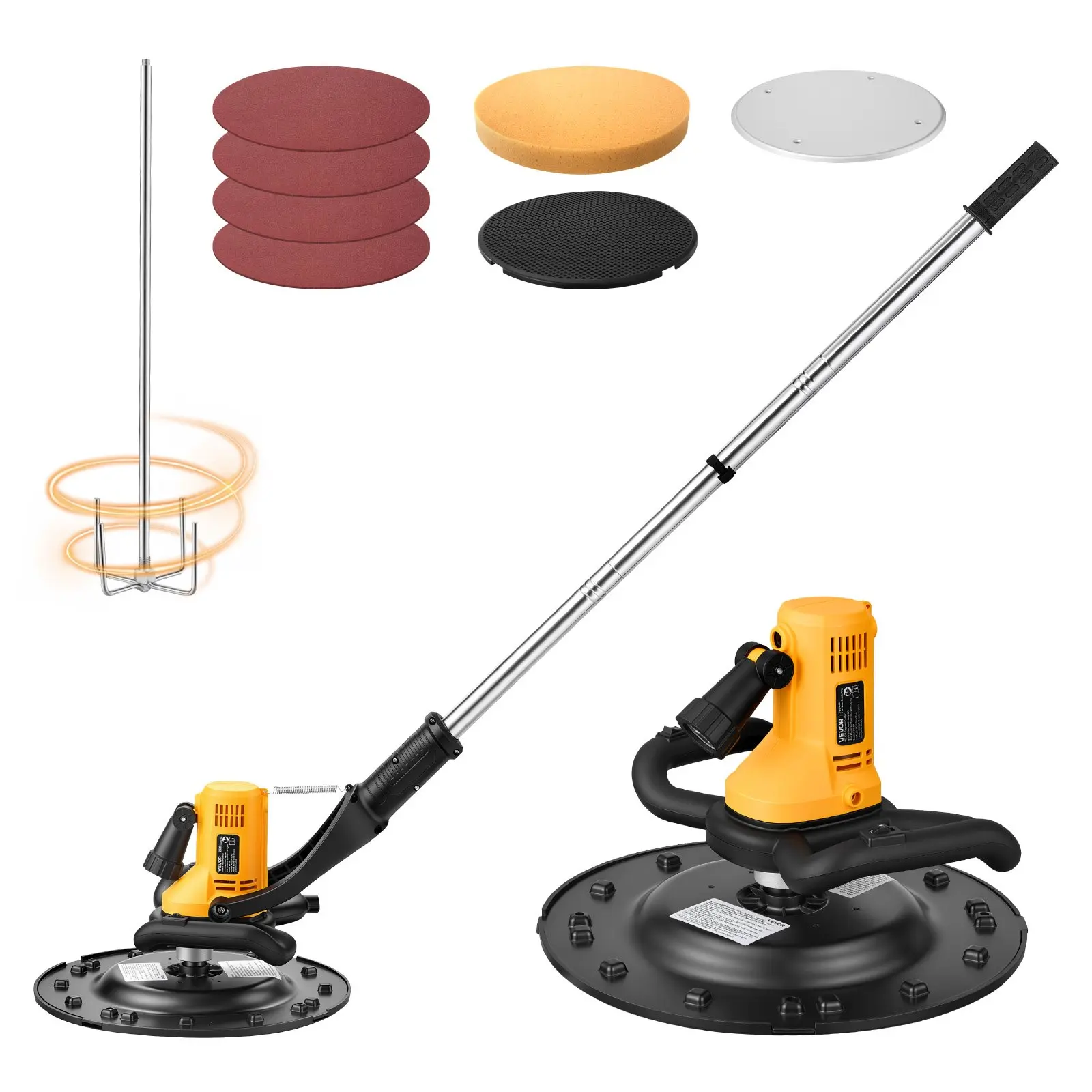 【Summerfinds】VEVOR Electric Concrete Power Trowel Finisher, 800W Corded Machine with Mixing Rod, 6-Speed (120-200 RPM) Adjustment, Steel & Plastic Discs, Extension Handle, 16.2 lbs, High Efficiency Wall & Floor Sanding, Less Effort Operation, Abs, Cast Ir