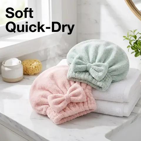 Hair Drying Cap, 2pcs Bow Decor Hair Towel, Solid Color Reusable Hair Wrap for Women Girls, Bathroom Accessory, Hair Turban Towel, Hair Wrap Towels