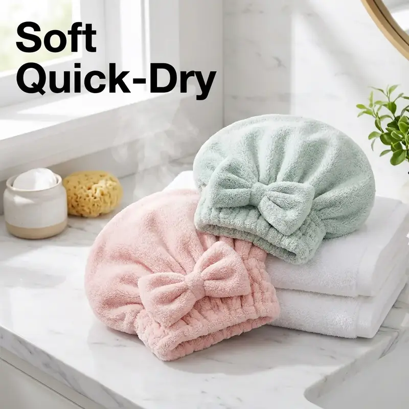 Hair Drying Cap, 2pcs Bow Decor Hair Towel, Solid Color Reusable Hair Wrap for Women Girls, Bathroom Accessory, Hair Turban Towel, Hair Wrap Towels