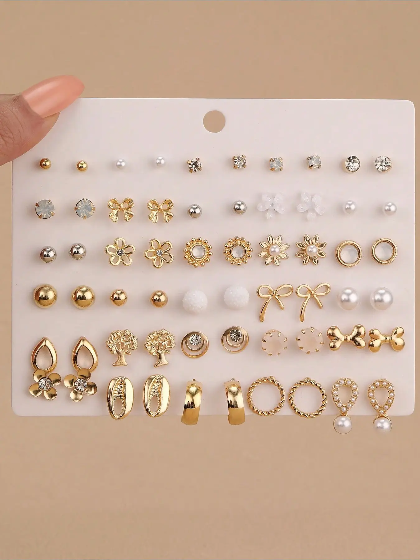 60pcs/Set Girls Flower Bow Heart Rhinestone Pearl Stud Earrings Jewelry Set Combination Suitable For Daily Decoration
