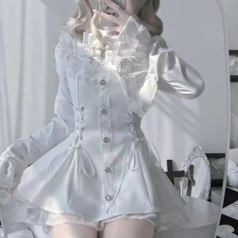Japanese Gothic Lolita Dress Set Women Harajuku Y2k Bow Lace Ruffles Collar Mini Dresses Female Elegant Party Cute Dress