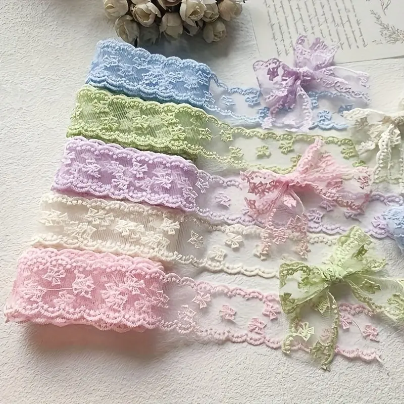 0.91m Handmade Lace Ribbon with Ruffles and Bow, Soft Pastel Colors, Elegant Lace Design, Ideal for Wedding Dresses, Gift Wrapping, Hair Accessories, Parties