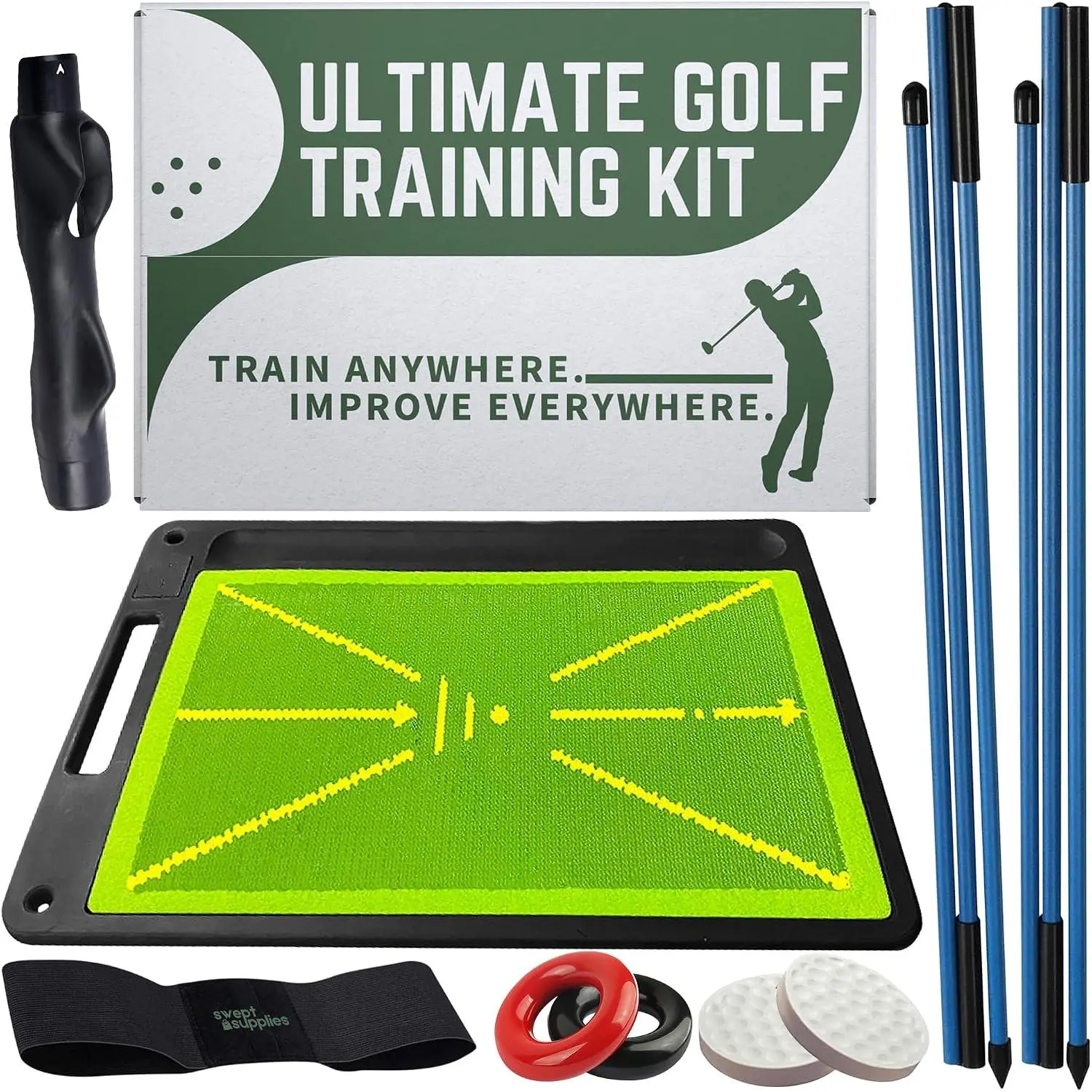 6-in-1 Golf Swing Trainer with Divot Board, Golf Grip Trainer, Alignment Sticks and  Aid | Golf Accessories for Men & Women | Hitting Mat Practice Indoor & Outdoor