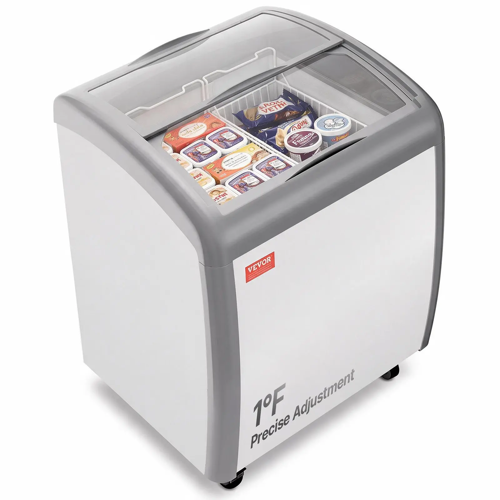 【toolupgrade】VEVOR 5.4 Cubic Ft Rectangular Commercial Ice Cream Display Case, Steel Plate Chest Freezer for Commercial Users, -19 to 3 Temp Adjustable Mobile Deep Freezer with 2 Wire Baskets, 2 Sliding Glass Doors, Locking Casters, LED Lights