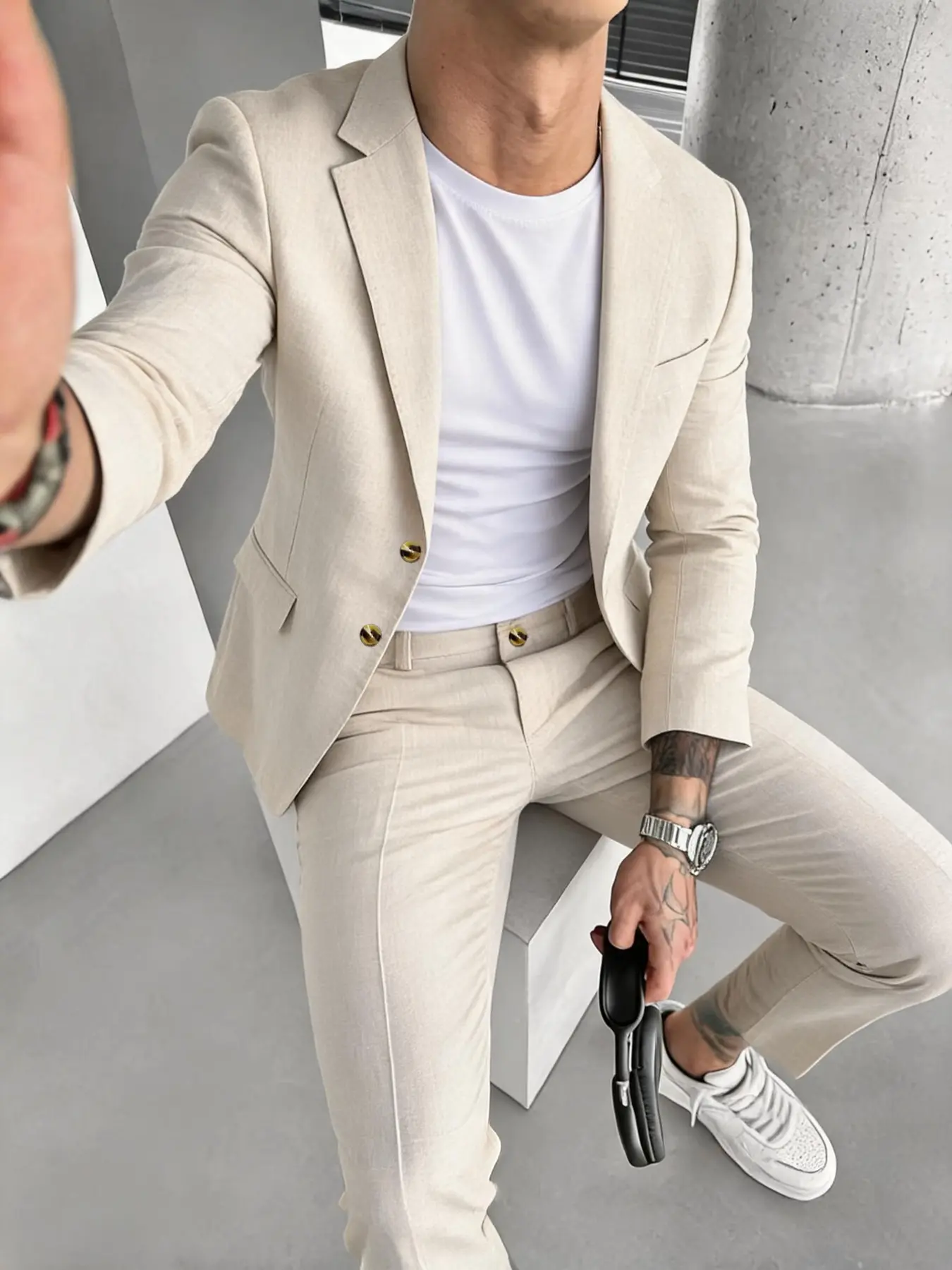 Men's Solid Color Suit Set, Slim Fit Breathable Business Casual Suit Blazer & Pants for Work Office, Menswear for All Seasons