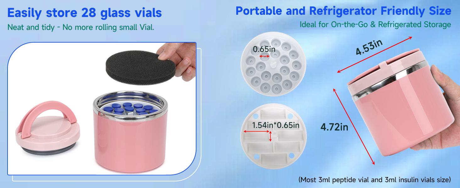 3ml Peptide Case for Fridge Vial Inserts with 22oz Food Jar, Peptide Fridge Case/Peptide Travel Case TSA Approved, Holds 28 Vials, Peptide - Fridge/Travel Safe (Pink Jar and White Insert)