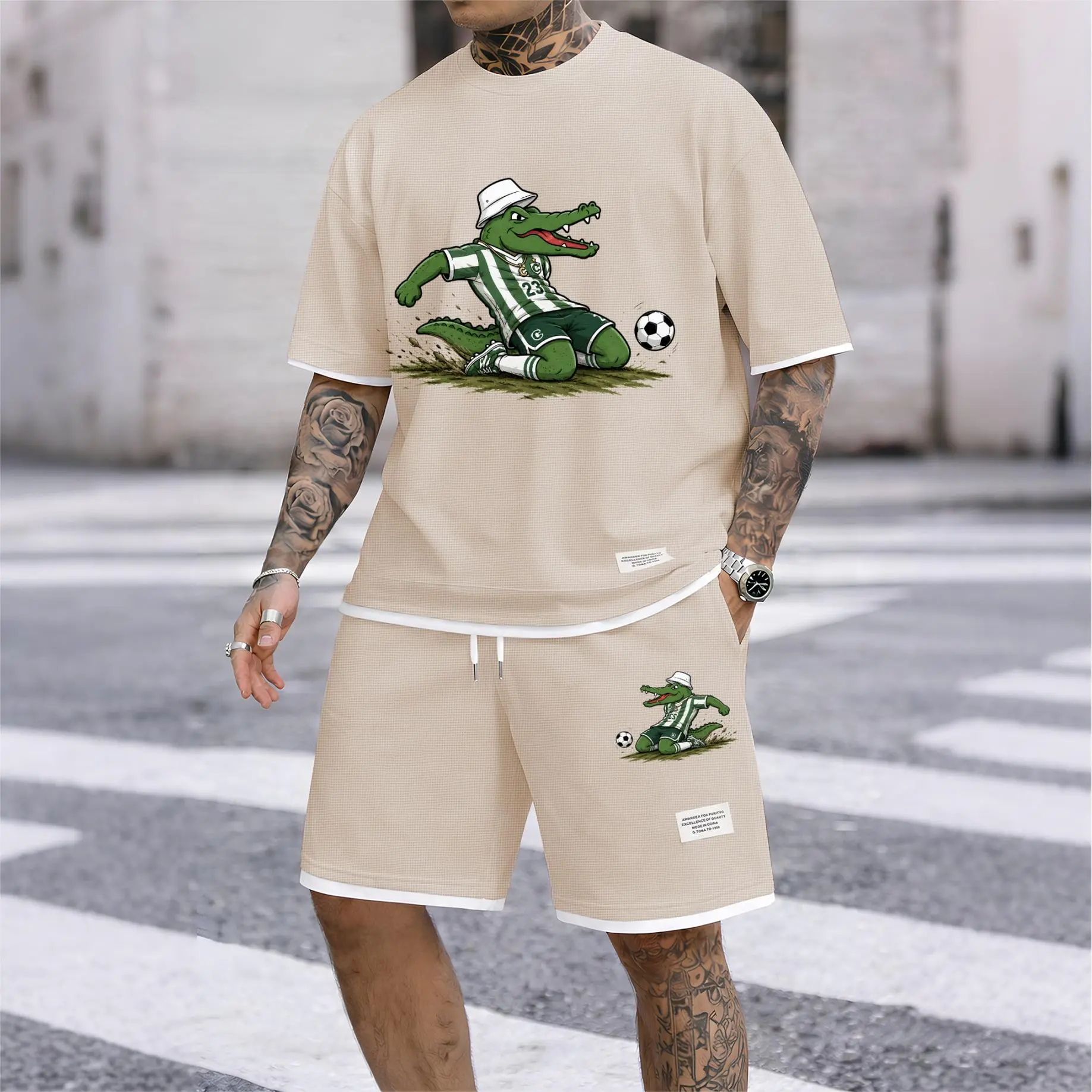 Men’s Cartoon Crocodile Soccer Graphic Waffle Knit Short Sleeve Shirt and Shorts Set, 2 Piece Summer Casual Athletic Outfit with Crew Neck Tee and Drawstring Shorts for Streetwear, Gym, Outdoor, Travel, Vacation and Daily Wear