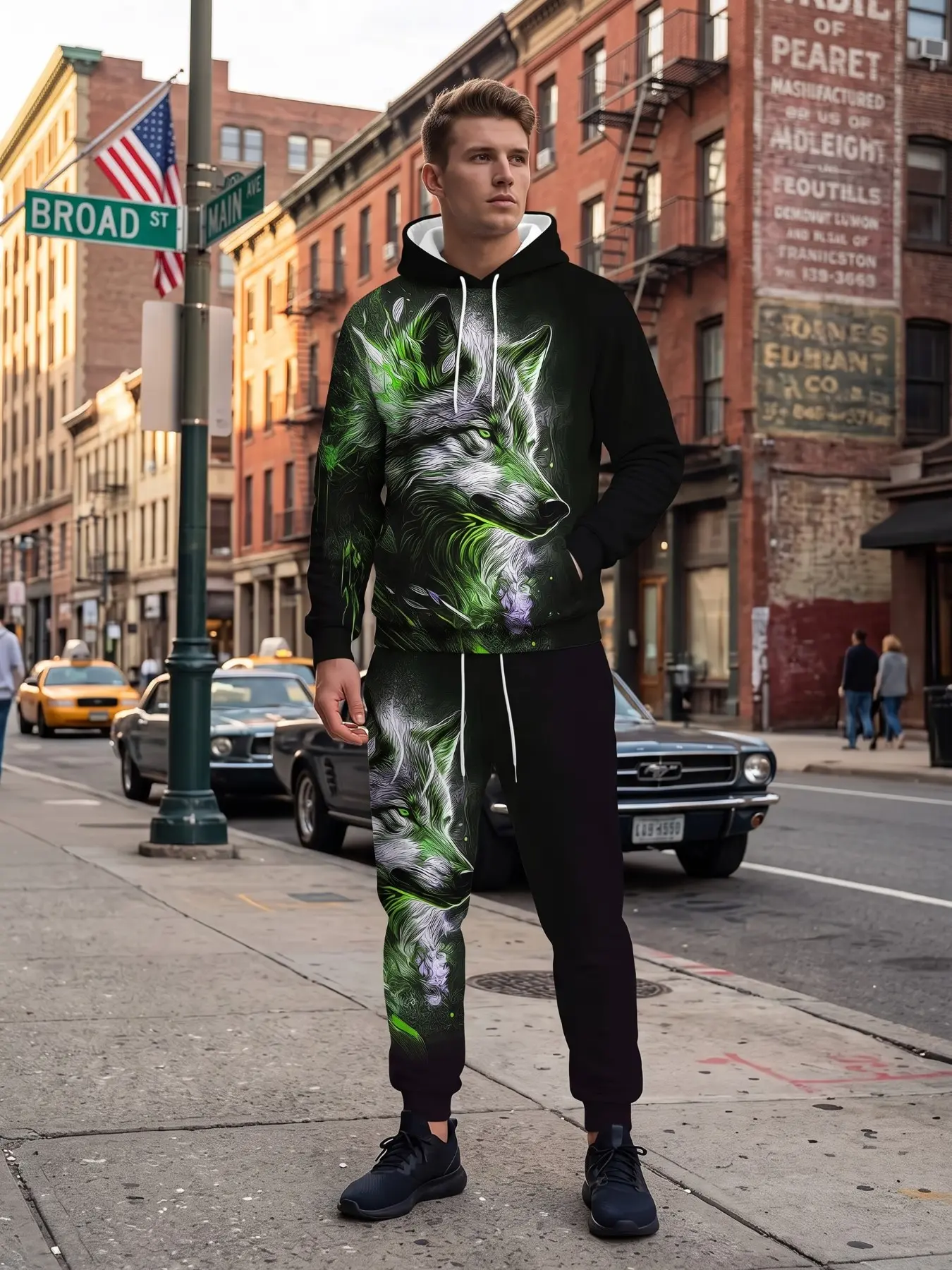 Men's 2-Piece Set, Wolf Print Sweatshirt and Pants, Casual Street Style, Long Sleeve, Loose Fit, All Seasons, Ankle Length