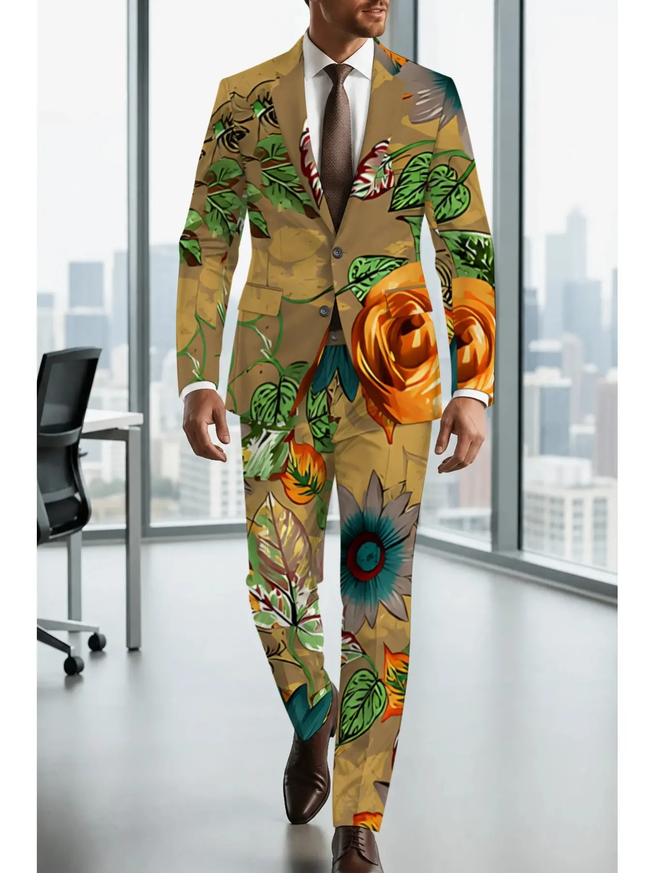 Vintage Oil Painting Floral Art Print Slim Fit Blazer Set, Elegant Earthy Tone with Rich Flower Patterns, Ideal for Casual Wear