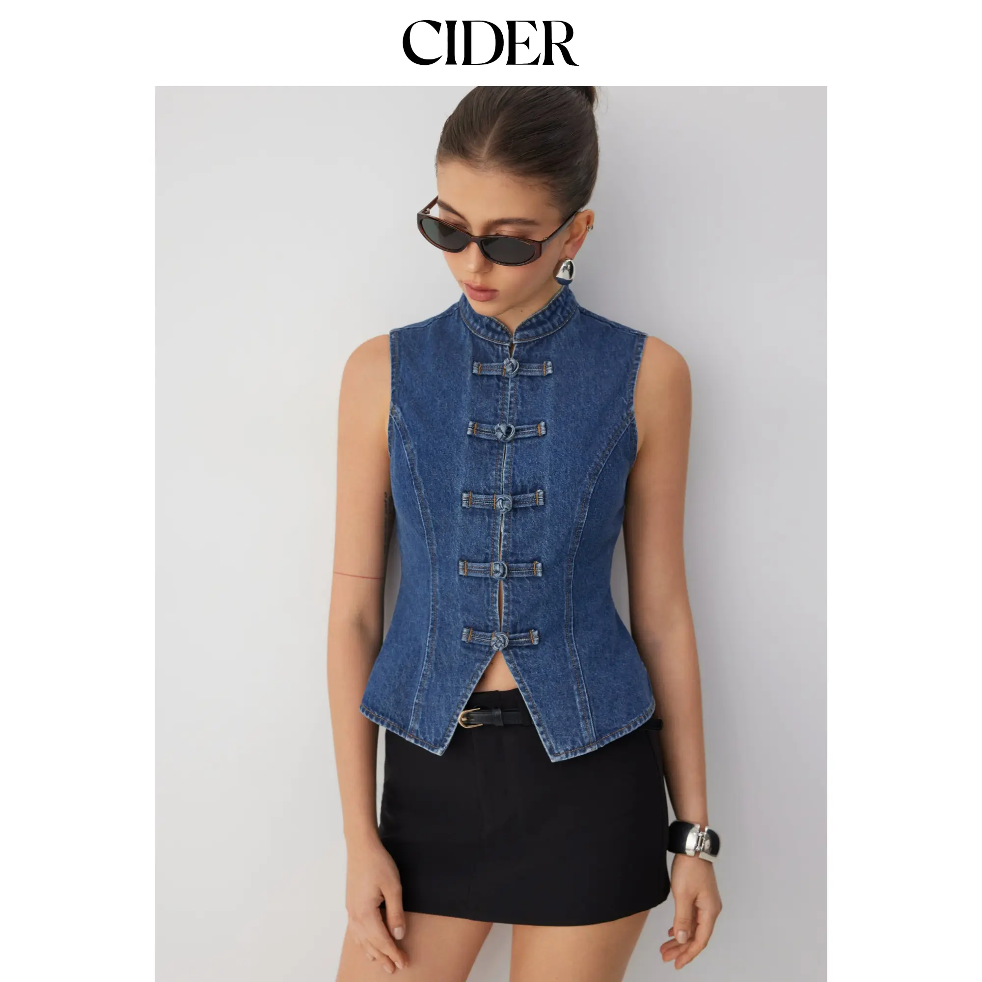 Cider Denim Stand Collar Twist Knotted Washed Denim Vest