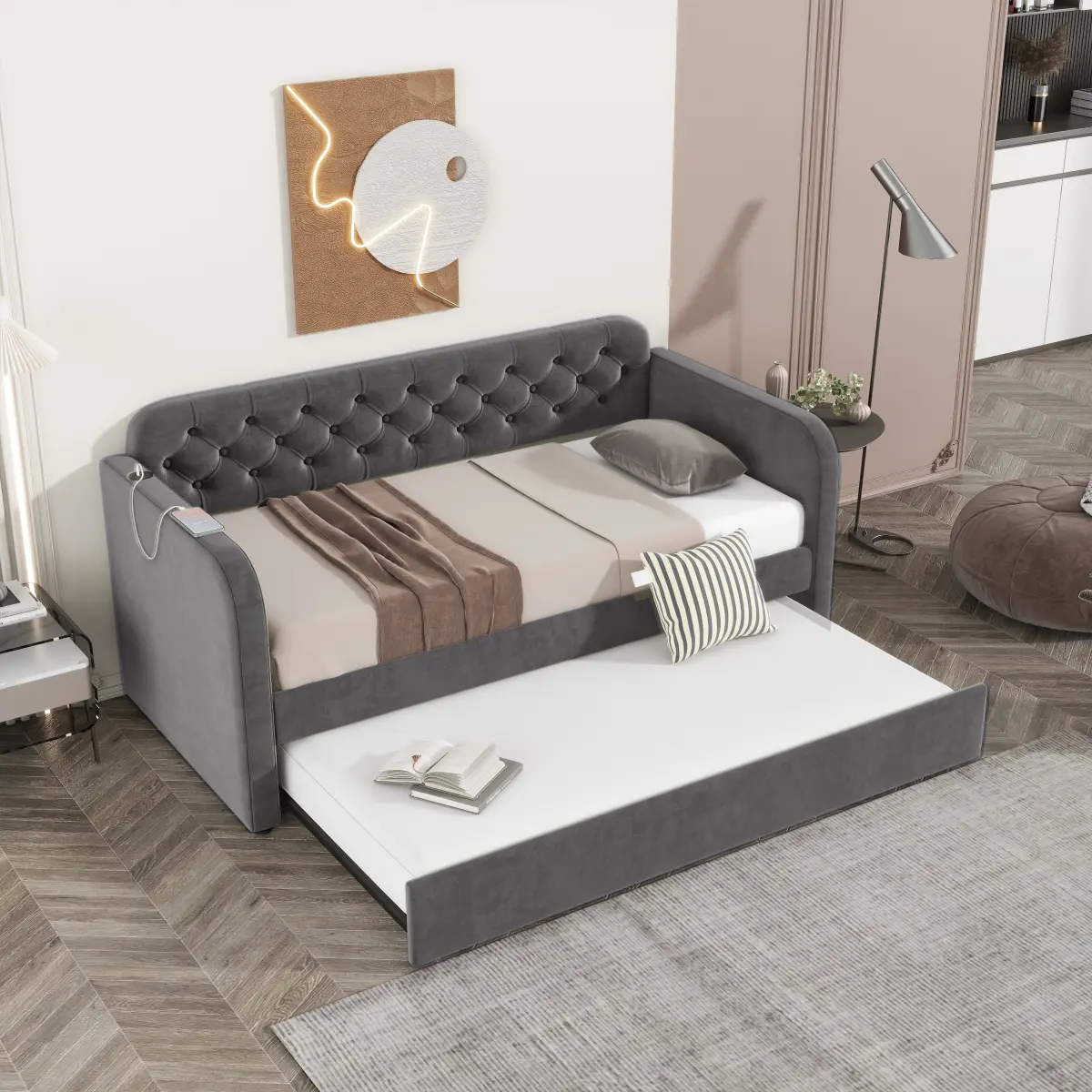 Dark Grey Velvet Tufted Twin Upholstered Daybed - Wood & Metal Frame, Trundle Bed with Wheels, USB Charging, 81.7"l x 41.7"w x 34.4"h, 600lbs Capacity, Sofa Bed with Pillows for Guest Room/Pinterest Bedroom, Assembly Required, No Box Spring Needed, Guest