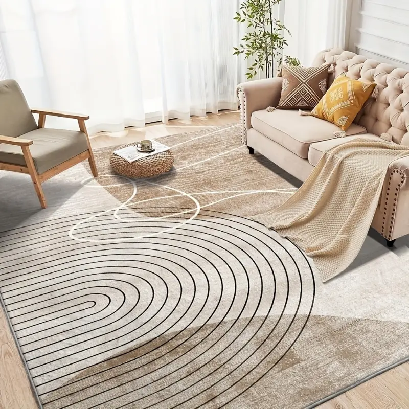 Abstract Neutral Line Area Rug, Thin Lightweight Velvet Carpet for Living Room, No Non-Slip Adhesive Backing, Minimalist Beige Modern Floor Mat, Multiple Sizes Available, Screen Color Difference May Exist, Please Check Size Chart Before Purchase