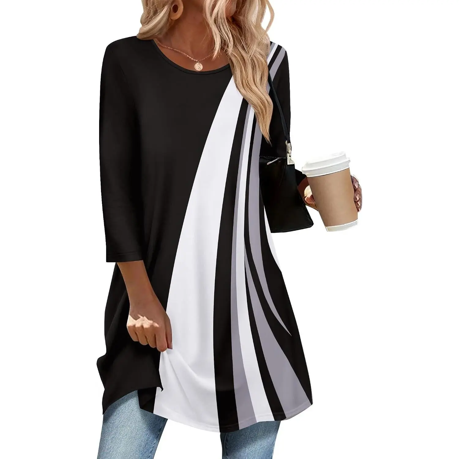 Women's Plus Size 3/4 Sleeve Dressy Casual Tunic Tops Loose Blouses Shirts to Wear with Leggings Swing Flare Long Fall ClothesGift