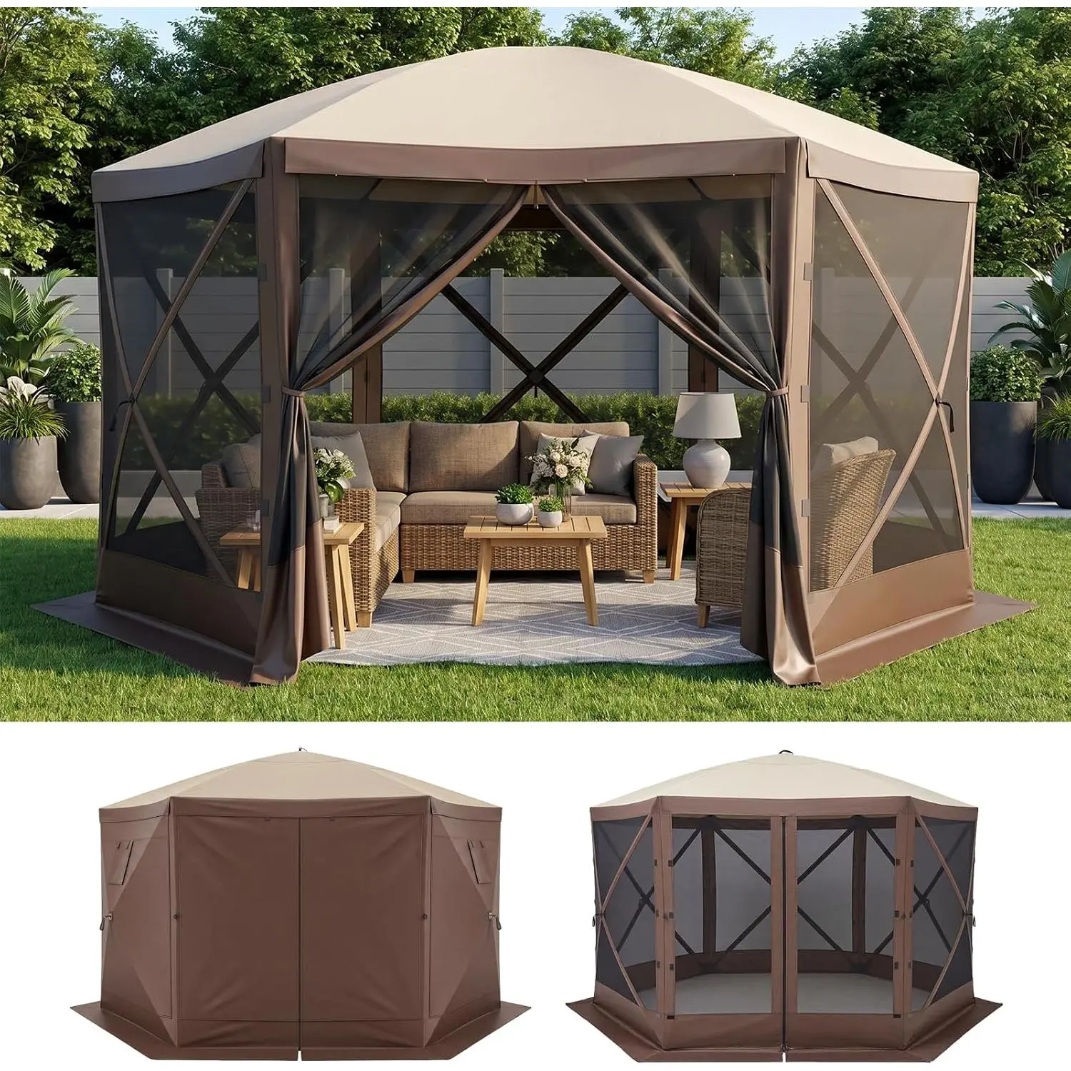 Aoxun 6-Sided 12x12 ft Quick Deploy Pop-Up Gazebo Tent - Brown Oxford Fabric Outdoor Patio Shelter with Ventilated, Water-Resistant Canopy, Mesh Windows, Ground Stakes, Carry Bag for Backyard, Camping, Six-Sided
