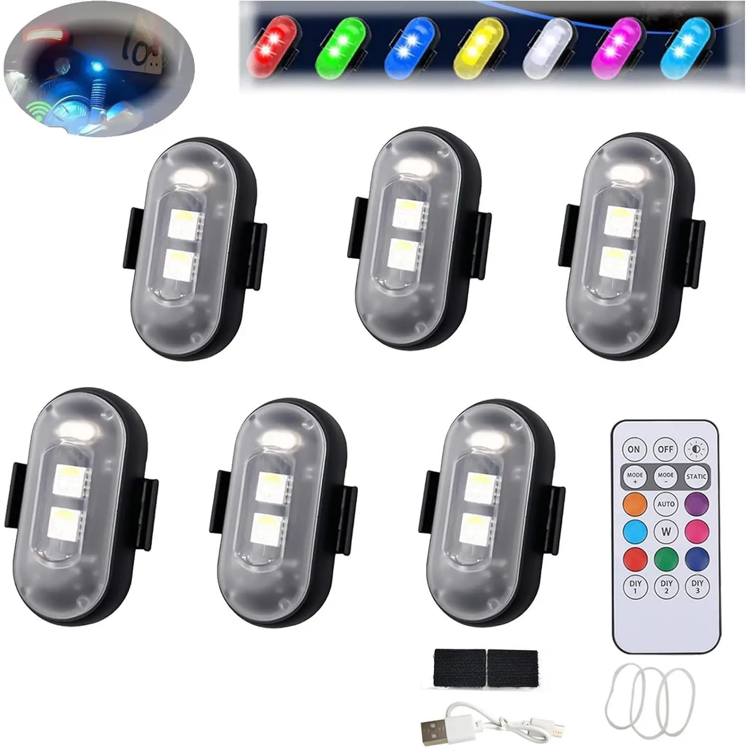 Summer LED Lights for Car, Remote Control Strobe Light, Drone Strobe Light, LED Anti-Collision Lights for Car, Motorcycle, Drone, Bike (6pcs).