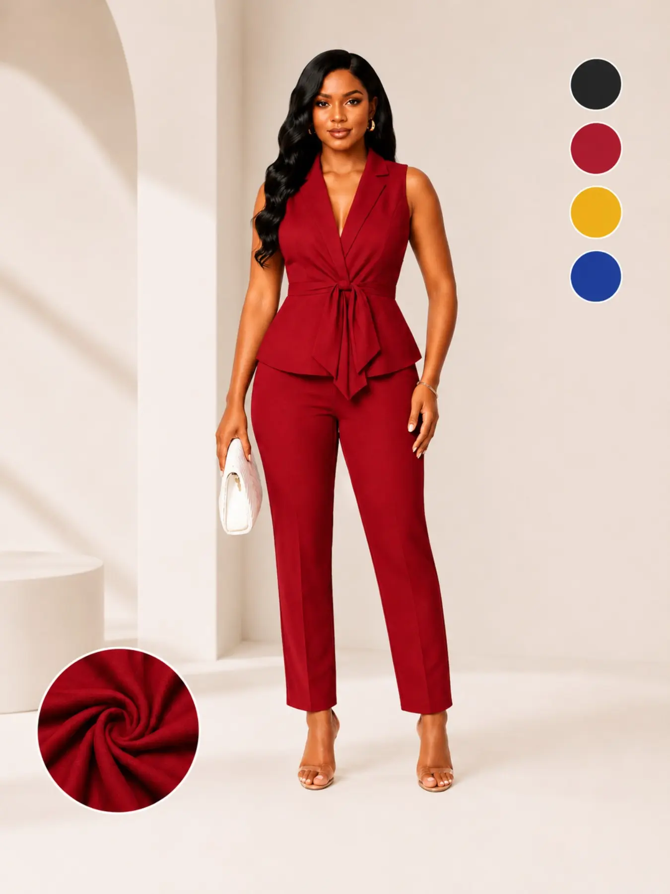 Women Elegant Sleeveless Lapel Blazer Vest Waist Tie Belted 2 Piece Pants Set, V Neck Wrap Front Matching Ankle Trousers Suit Elegance