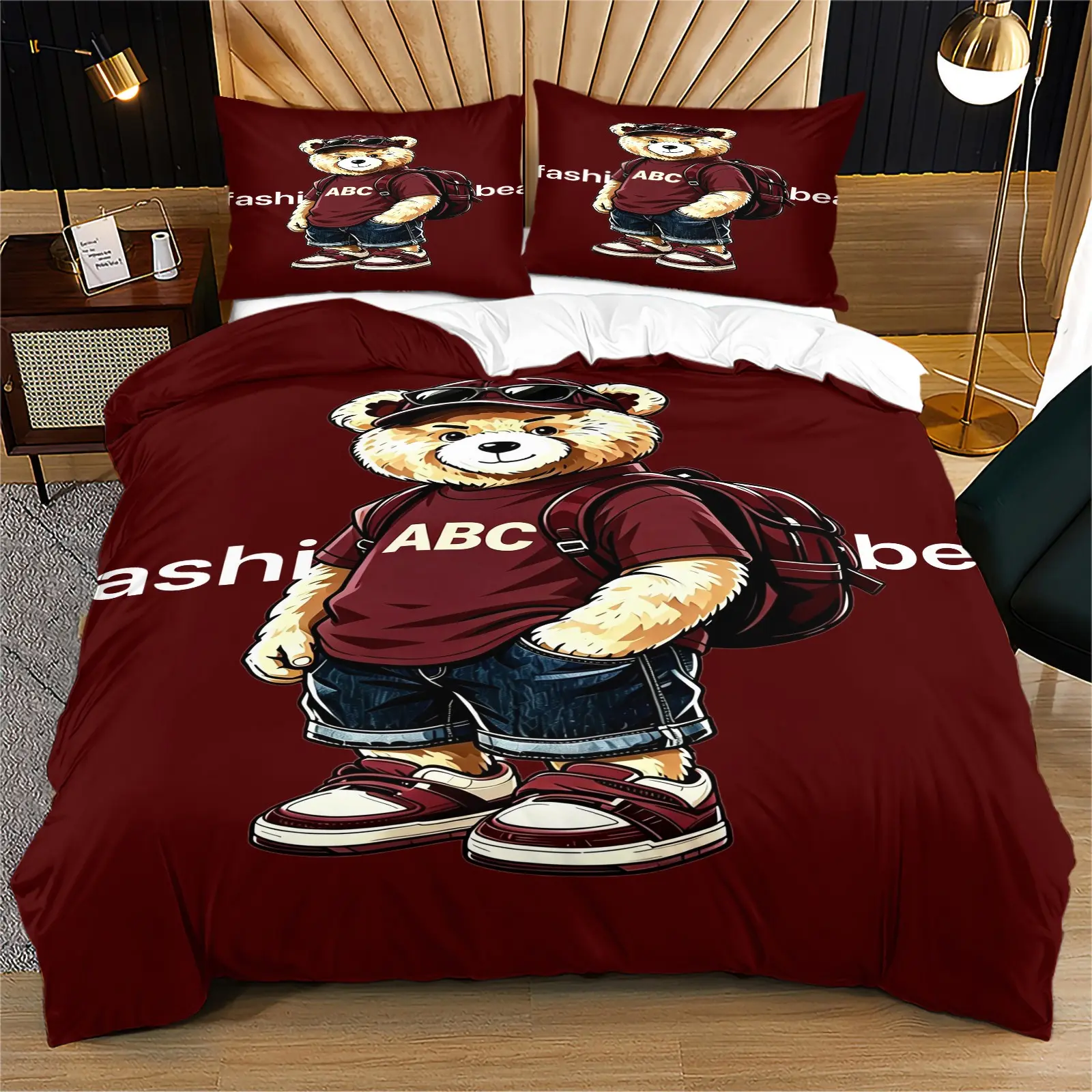 Teddy bear printed pattern soft and durable bedding duvet cover set, Bed sets supplies, including 1 duvet cover and 1 or 2 pillowcases, without a core or pillow, suitable for children or adults as gifts, bedroom bed decoration