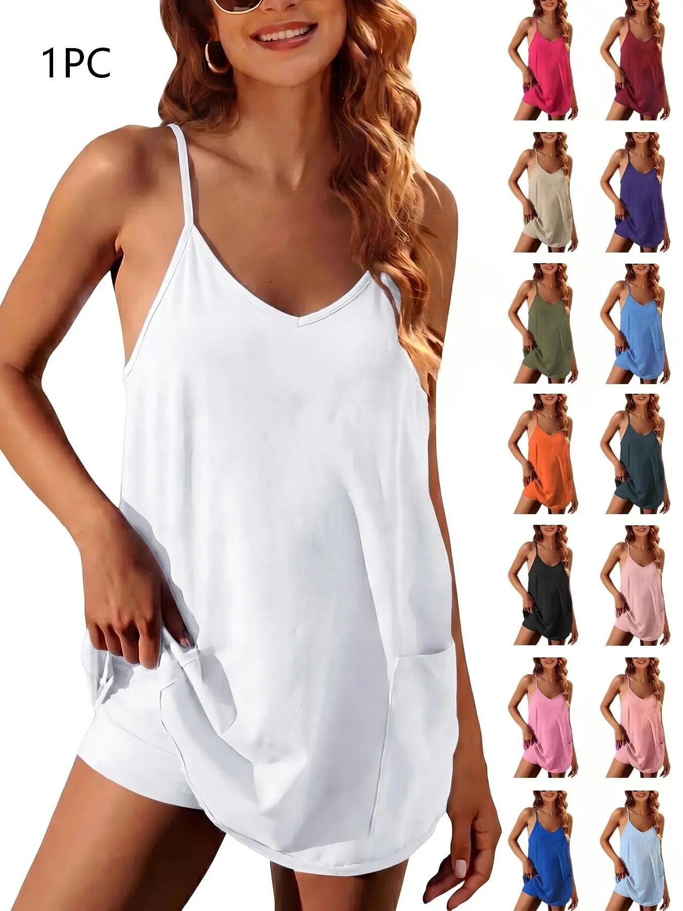 Women's Lightweight Chic Basic Spaghetti-Strap Sleeveless Romper with Pockets, Loose-Fit U-Neck, 15 Colors and Multiple Sizes, for Casual Daily Wear & Beach Outings