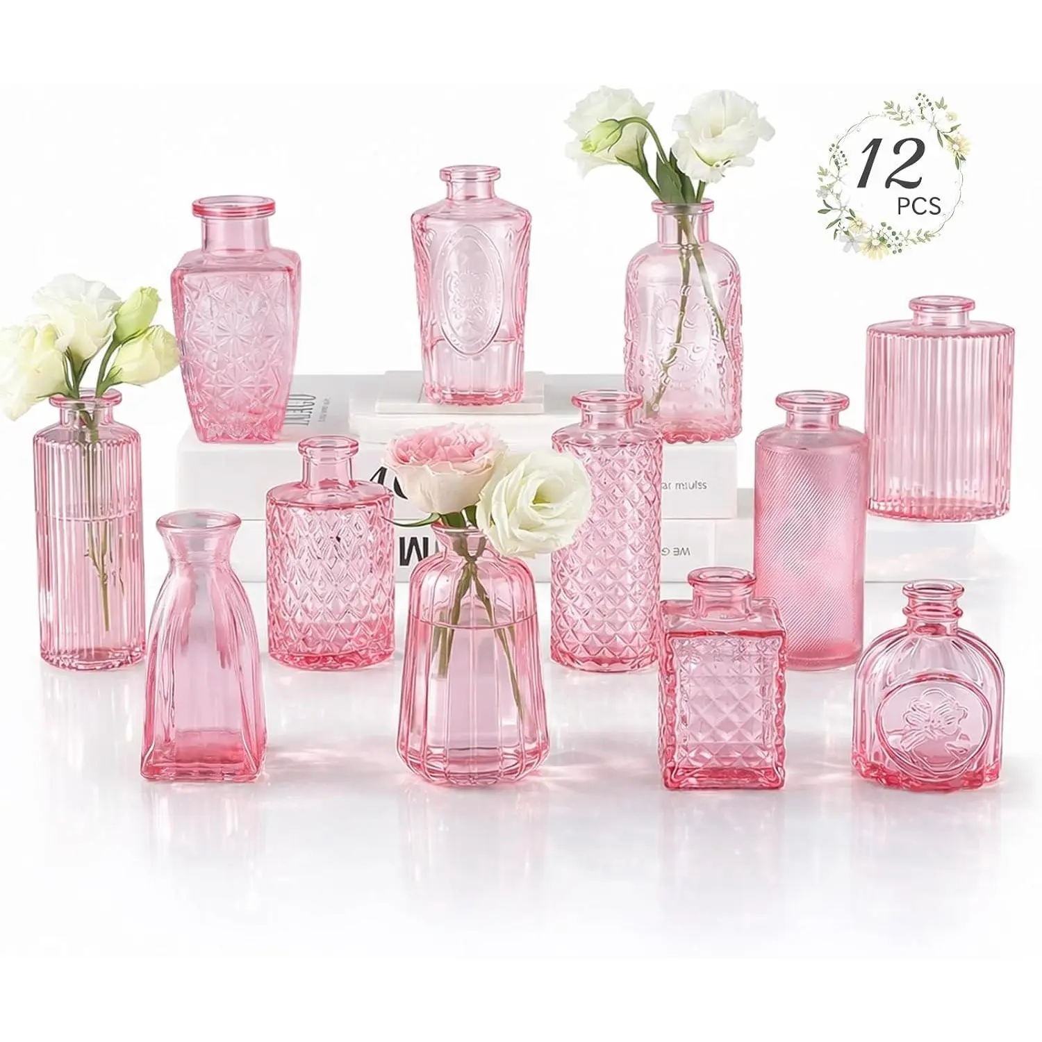 12 Pack Glass Bud Vases Mini Flower Vase Small Vintage Vases for Centerpiece Table Wedding Decorations Home Decor Party(Pink)