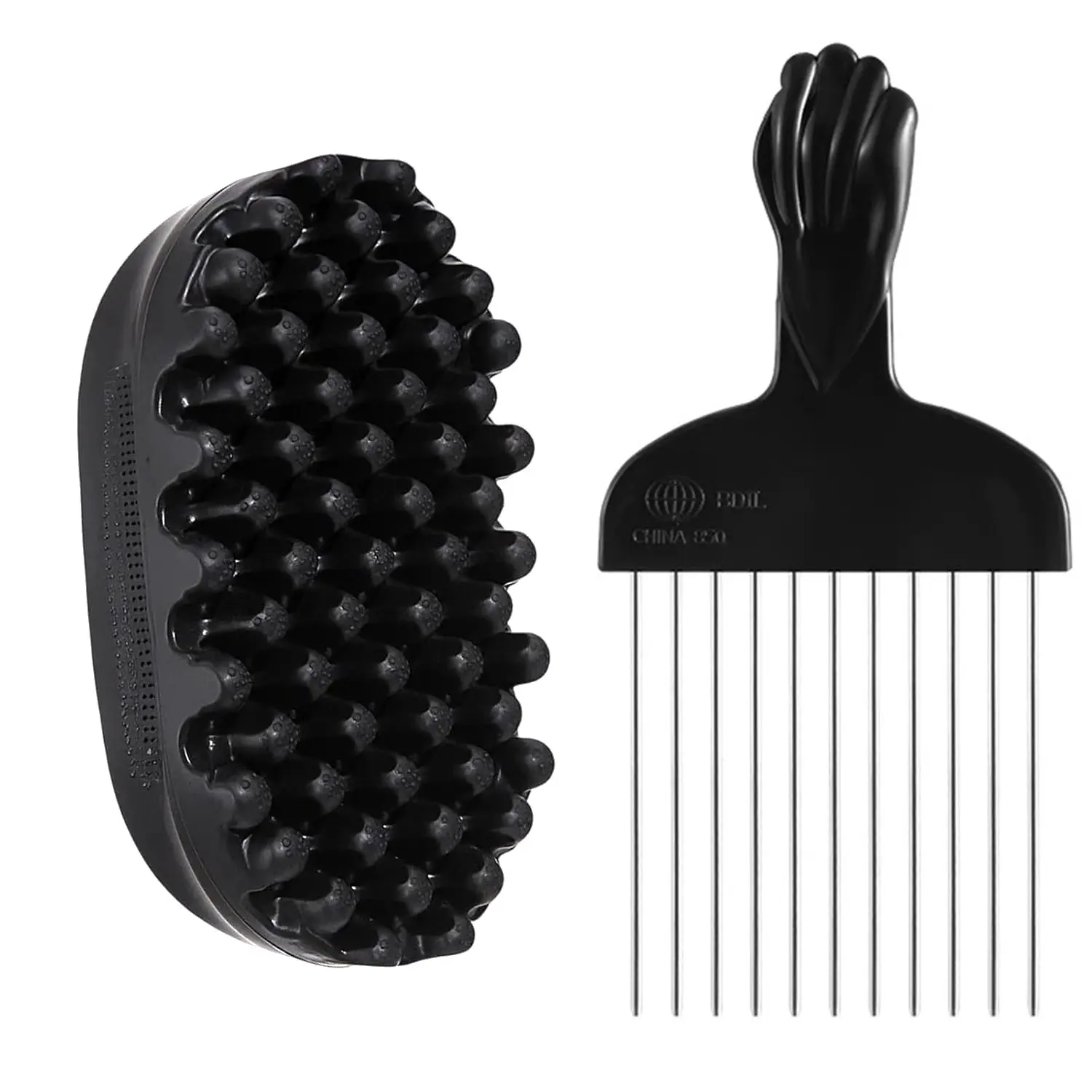 2-Piece Silicone Curling Brush and Metal Hair Comb Set, Durable Washable Curling Sponge for Men, Curly Hair Brush, Natural Hair, Long Braids, Coils, Hairstyling Tools