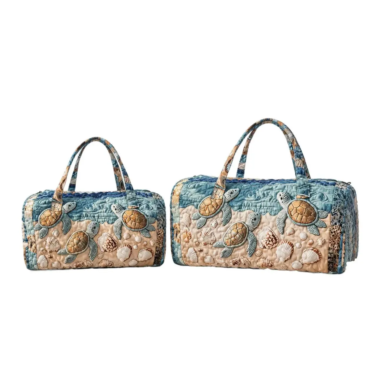 Quilted Sea Turtle Travel Duffel Bag Set - 18in & 21in Sizes, Coastal High-Detail Ocean Print Gym Bags with Top Handles, Zipper Closure, Soft Spacious Lightweight Fabric Overnight Luggage for Beach Trips, Gifts, Beach Trip gym bag
