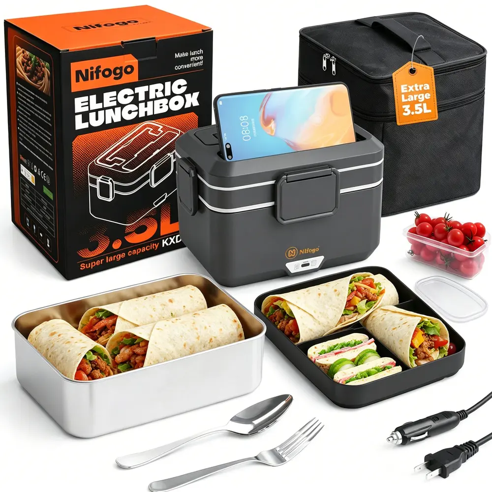 Heated Electric Lunchbox with Leakproof Lid, Insulated 304 Stainless Steel Container, Large Capacity Plastic Portable Lunch Bag for Truck Workers, Fruit-Ready Food Warmer, Water Proof