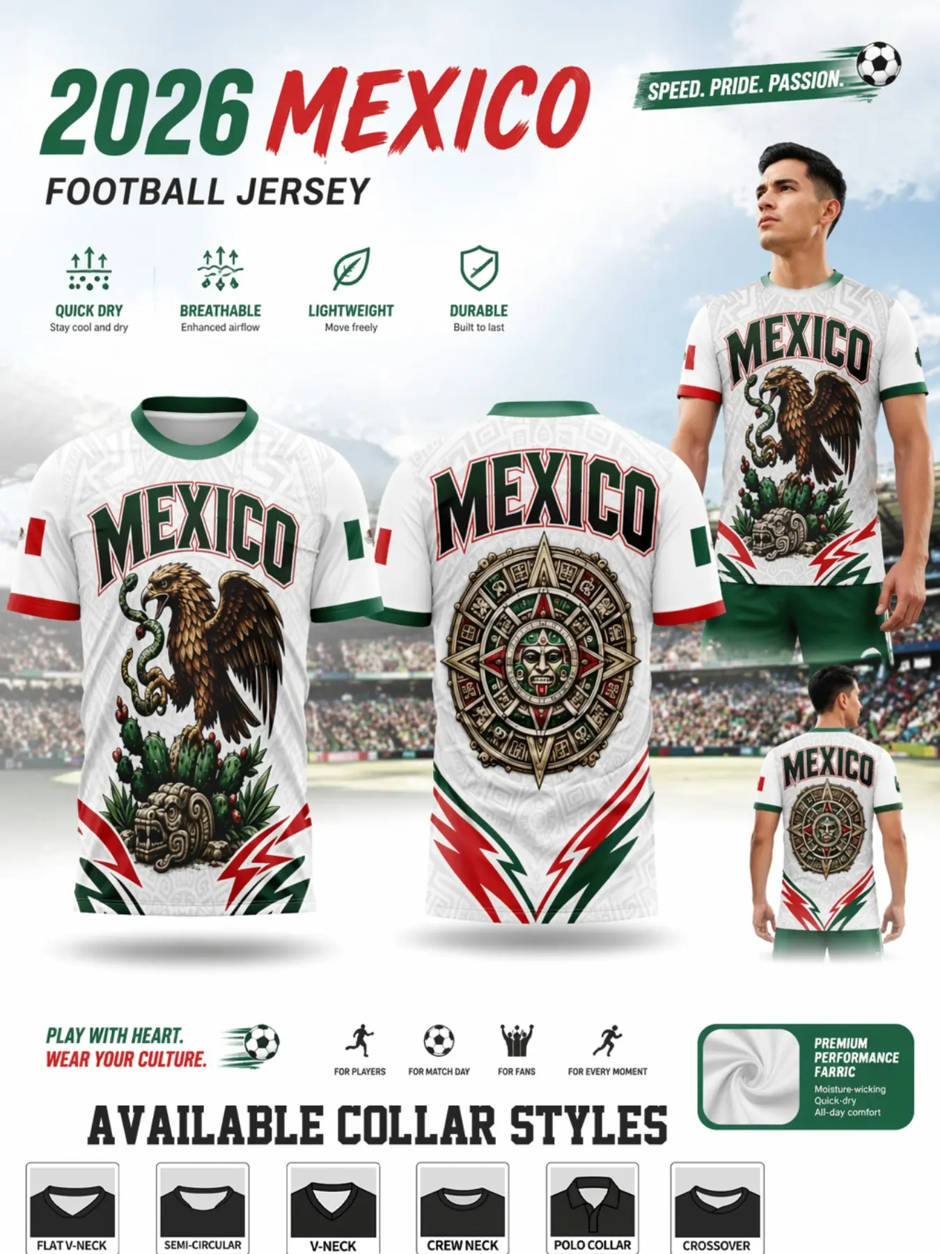 2026 Mexico Soccer Jersey, Aztec Eagle Sun Calendar Print, Quick-Dry Breathable Sportswear, Ideal for Matches and Training
