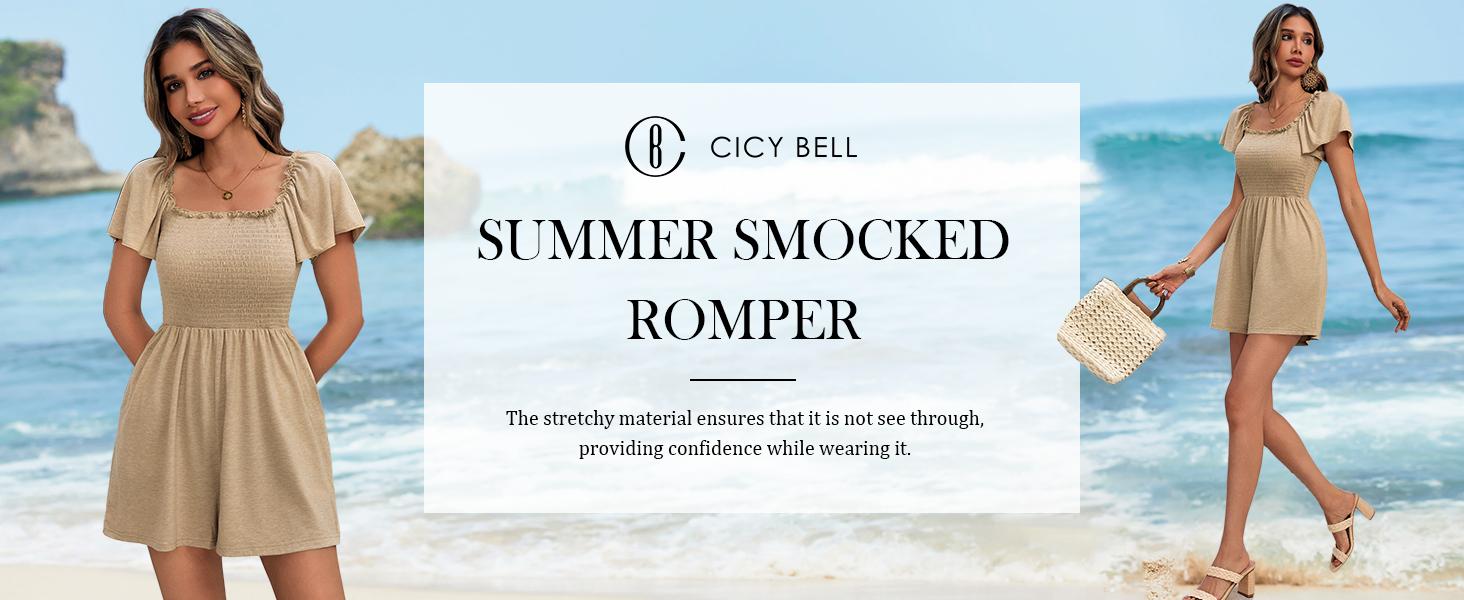 Imily Bela Womens Summer Smocked Romper Ruffle Sleeve Square Neck Flowy Short Jumpsuit Beach Vacation Outfits