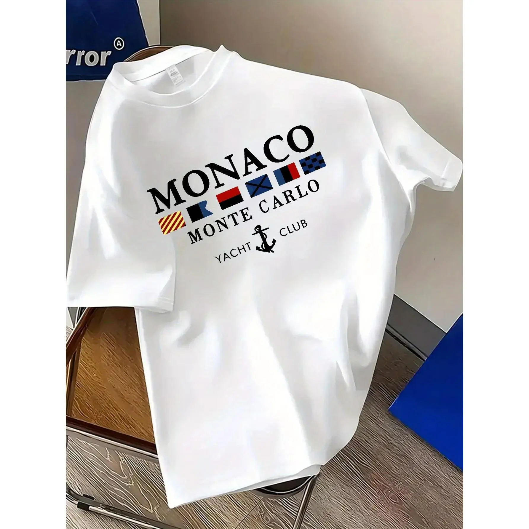 Men'S Monaco Yacht Club Graphic T-Shirt - Navy Blue Casual Summer Tee with Red & White Stripes, Micro-Stretch Knit Fabric, Regular Fit, Machine Washable, Perfect for Casual Attire, Summer Tshirt Casual Style Shirt Stretchy Fabric Shirt