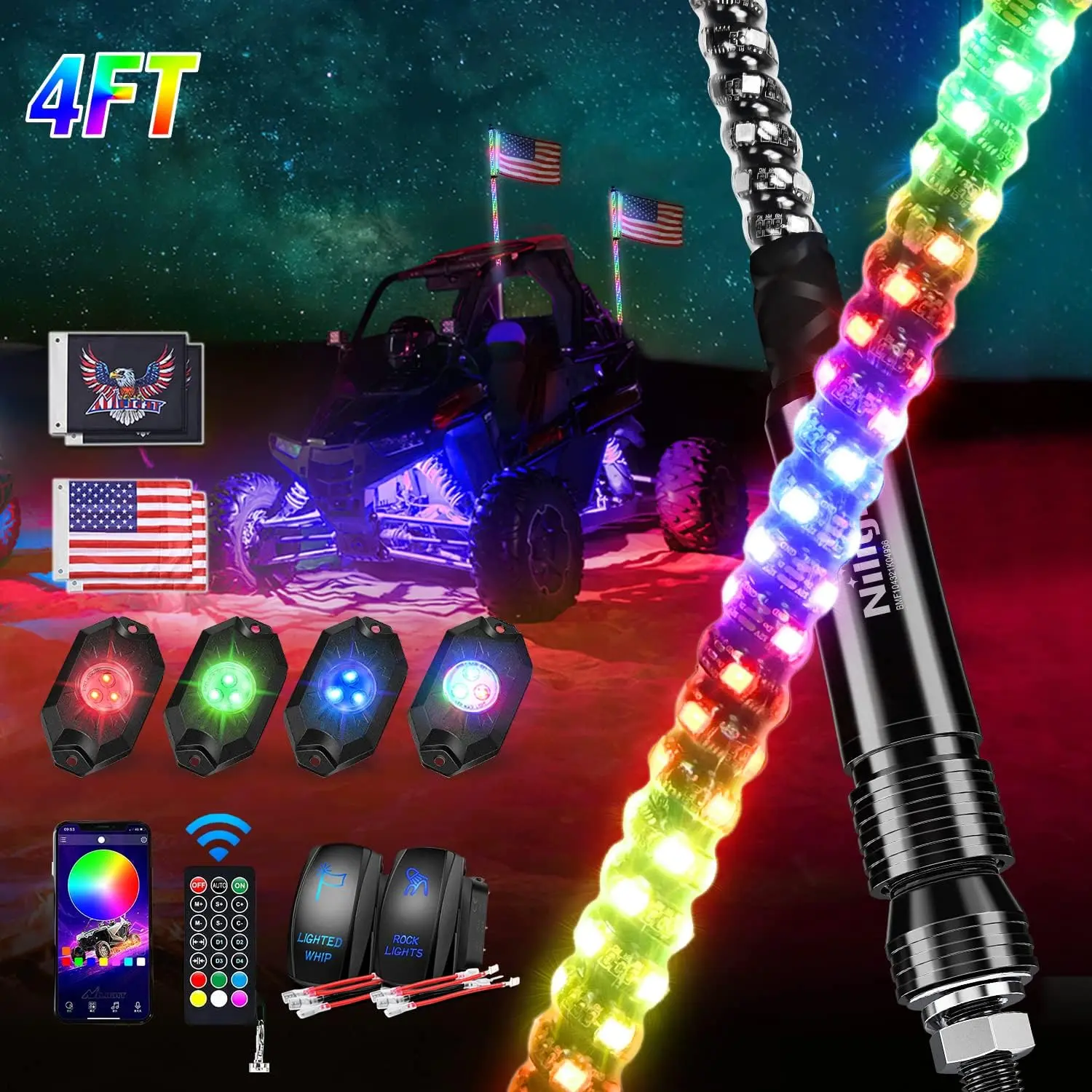 Nilight 2PCS 4FT Smart RGB LED Whips & 4PCS LED Combo, Remote & App Control, DIY Chasing Patterns, Stop-Turn-Reverse Safety Antenna, Flexible Tube, Adjustable Brightness, Waterproof for ATV-UTV, Smart Led Lights, Rgb Led Lights