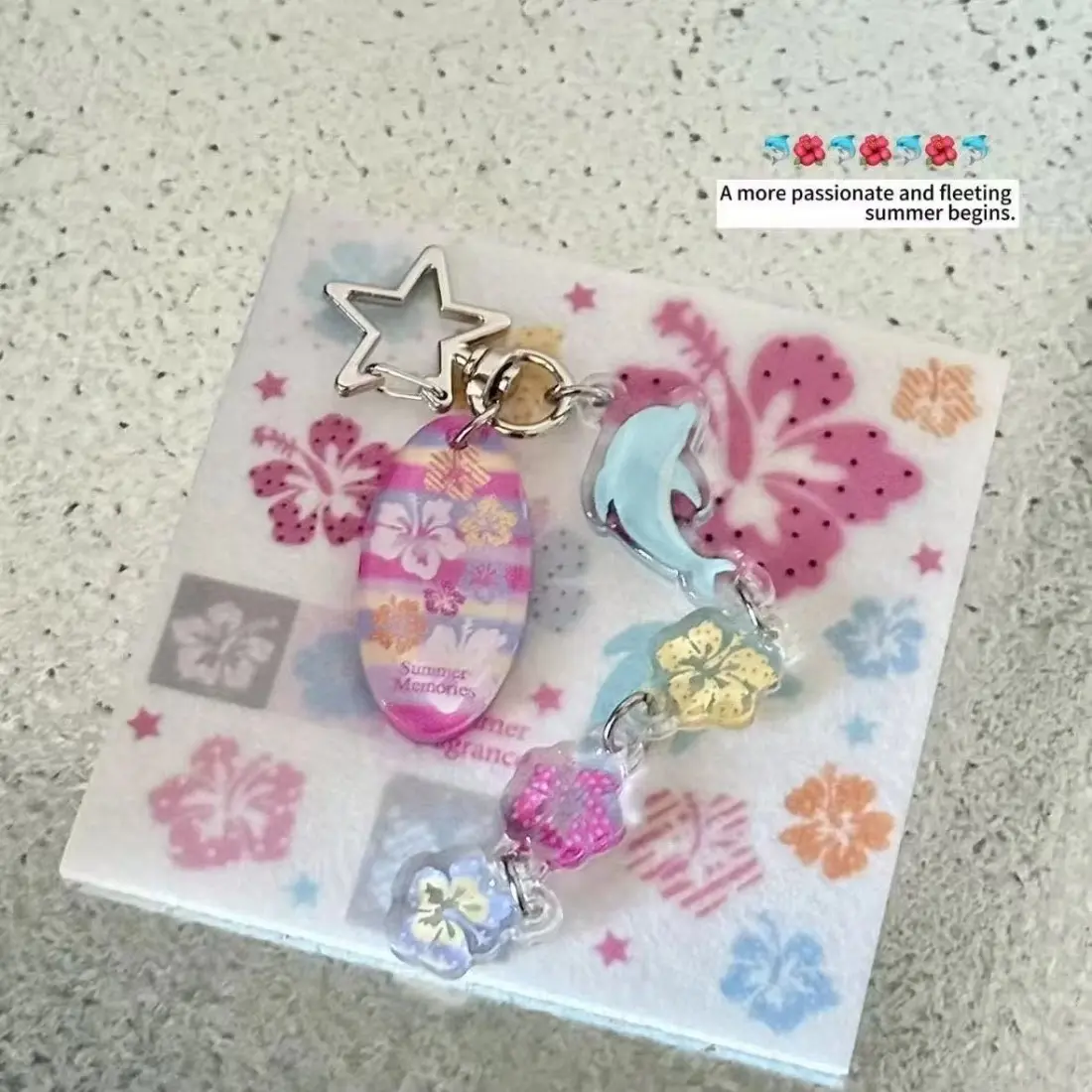 Cute Dolphin Keychain for Women, Hawaiian Tropical Acrylic Bag Charm with Surfboard and Hibiscus Design, Pastel Summer Key Ring Accessory for Backpack, Purse, Beach Vacation, Travel & Gift