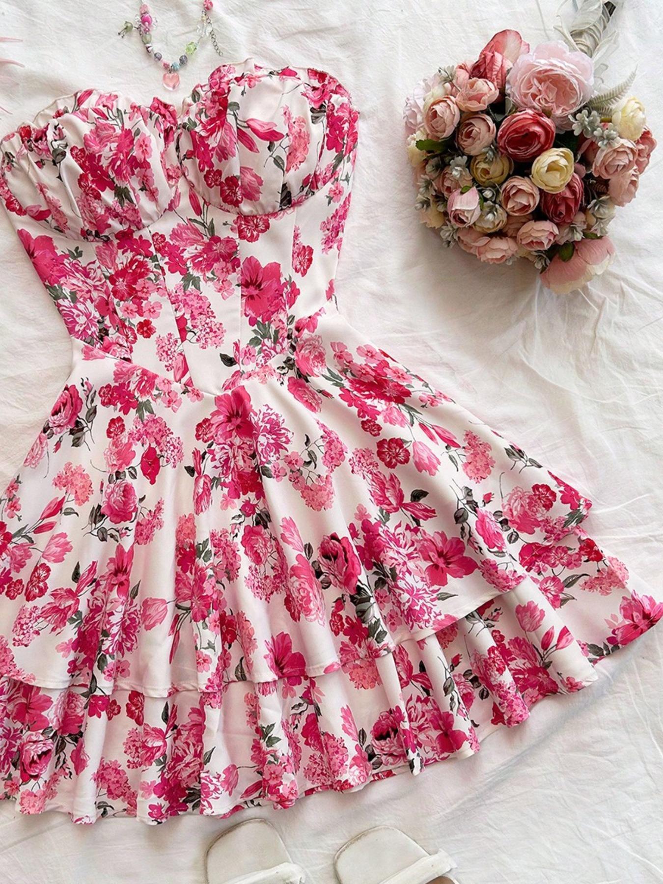 Women's Boho Floral Ruffle Floral Print Shirred Tiered Layer Dress, Boho A Line Dress for Beach Holiday Vacation, Ladies Summer Clothes