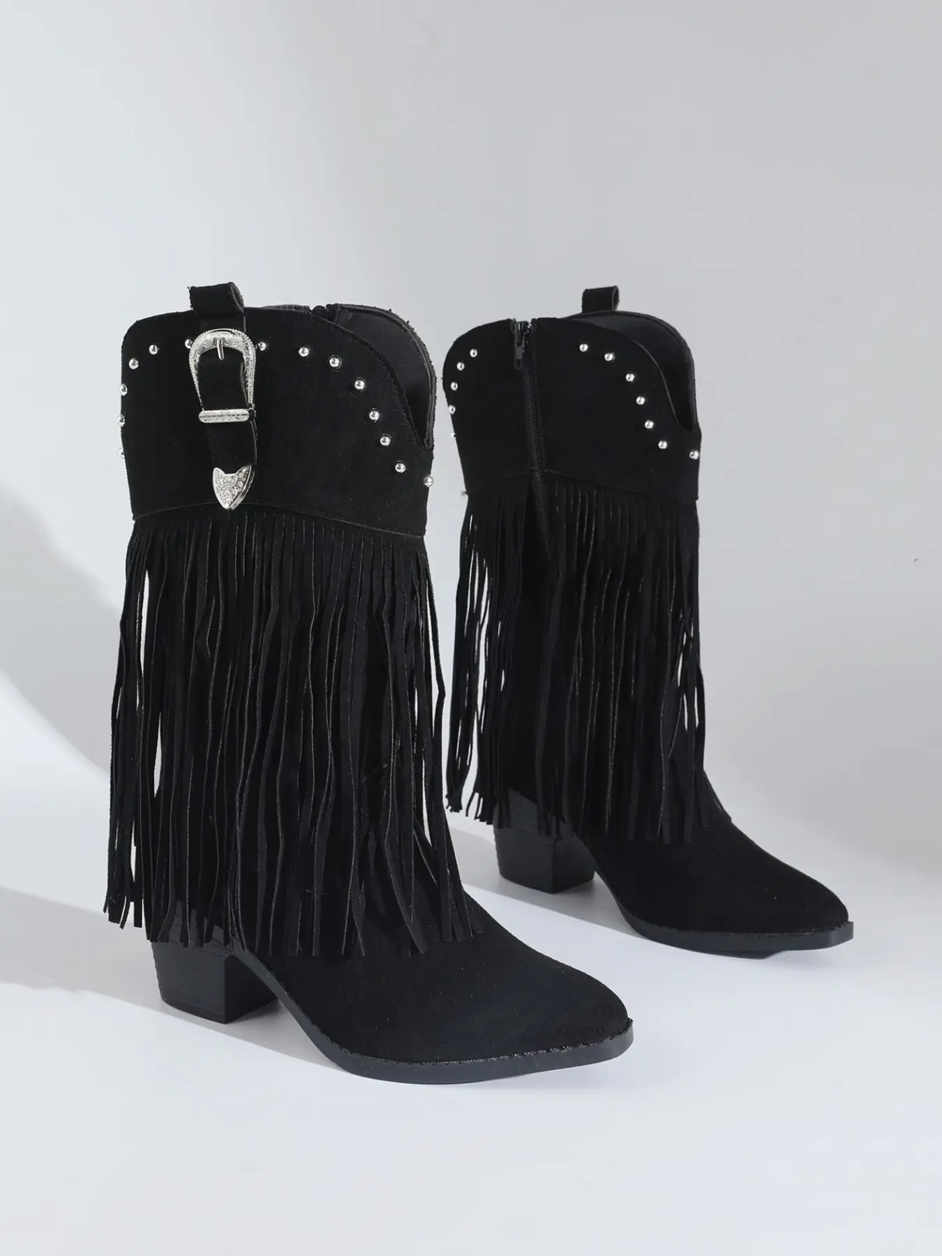 2026 New Fall Winter Retro Buckle Fringe Western Boots, Sandpaper Reverse Fur Material, Durable, Zipper Design, Versatile Women's Shoes