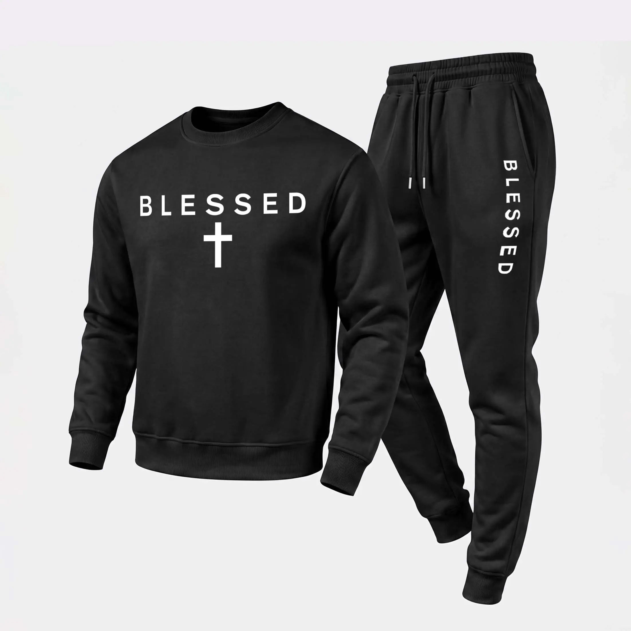 Men's "Blessed" Text And A Cross Graphic Crewneck Sweatshirt and Jogger Pants Set, Casual Long Sleeve Pullover with Drawstring Sweatpants, Fall Winter Tracksuit for Daily Wear, Travel, Lounge, Workout and Indoor Outdoor Activities