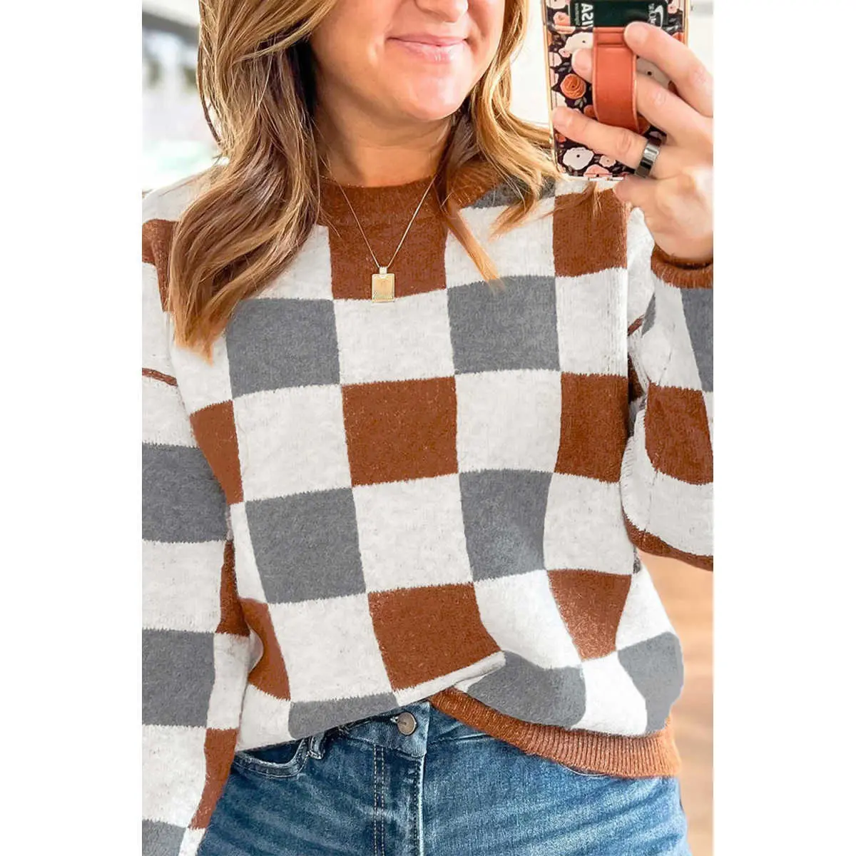 Women's Plus Size Checkered Crewneck Knit Sweater - Casual, Loose-Fit, Long-Sleeve Comfortable Knitwear Top with Stylish Design for Fall Fashion (Soft Knit Fabric), Style, Longsleeves, Round Neck