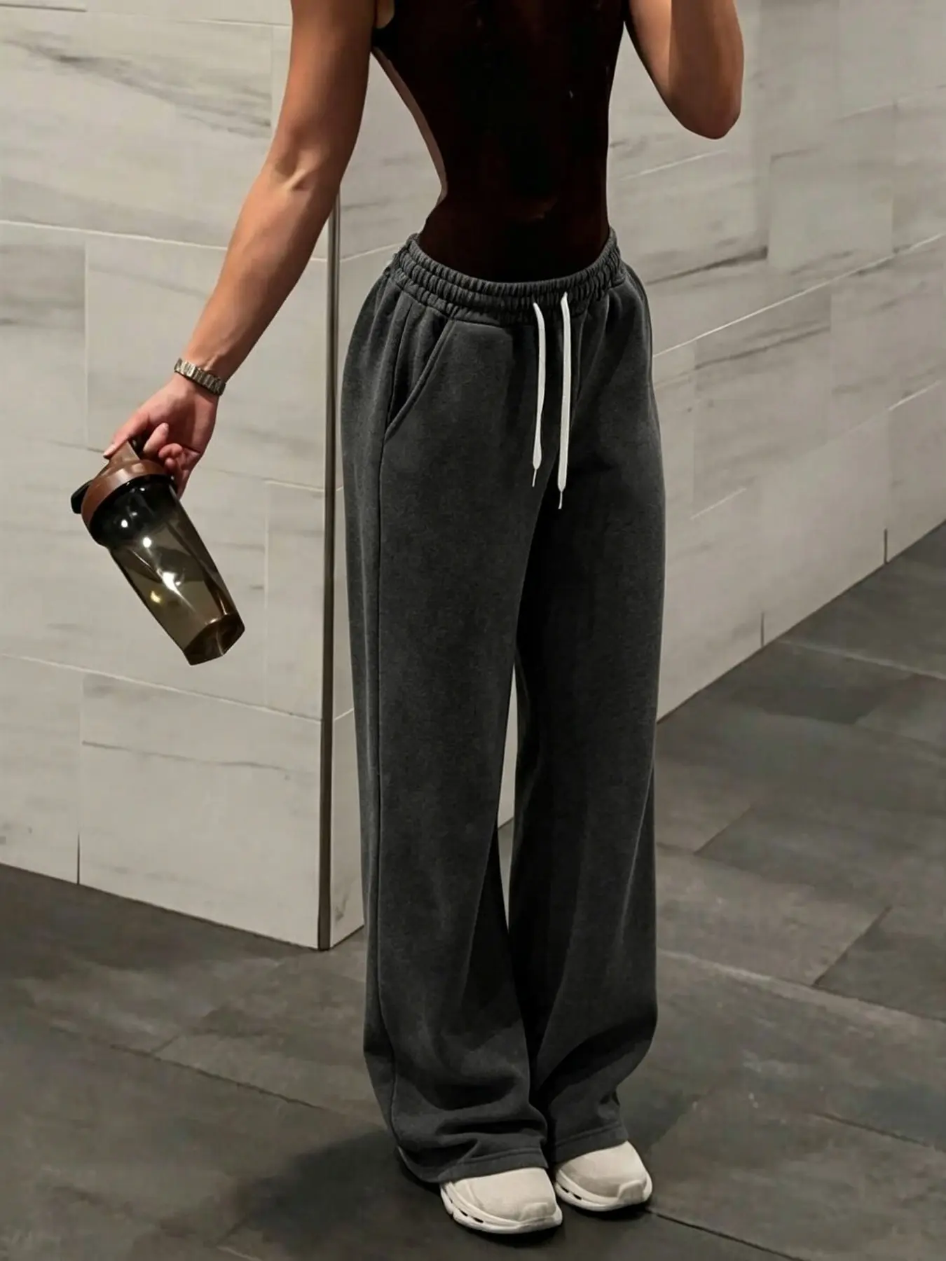 Women's Retro Washed Soft Sport Pants, 250g/m² Drawstring Adjustable Pocket Long Pants, Fall Winter Casual Commute Fitness Wear, Drawstring Loose Sweatpants