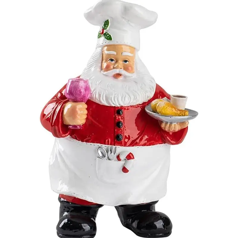 Christmas Santa tabletop decoration, Chef Santa Claus Holding A Wine Glass, resin chef-style Santa figurine holding bread and wine, Christmas cookie jar decoration, for kitchens and dining tables